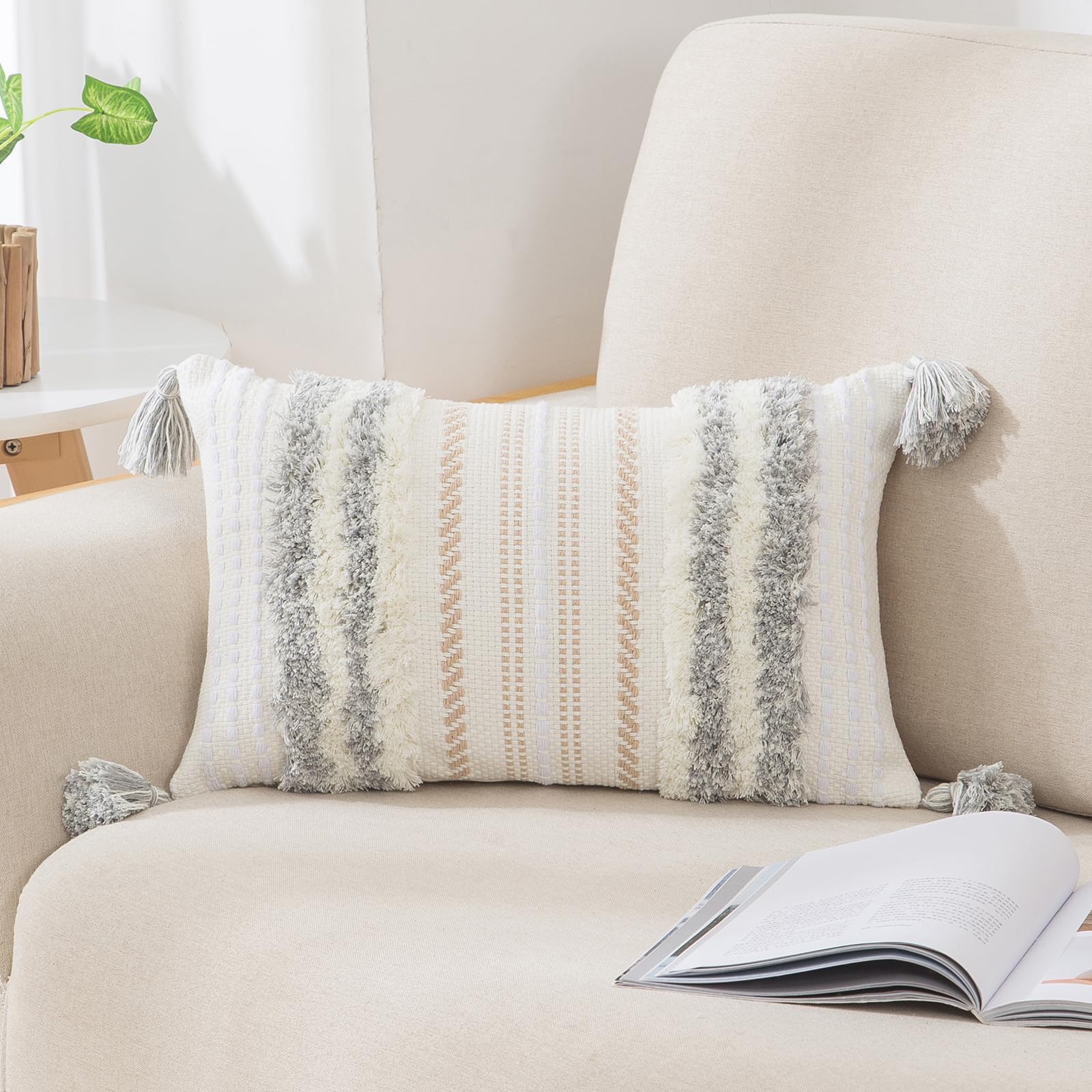 decorUhome Summer Decorative Boho Throw Pillow Covers 20x20 Set of 2, Accent Neutral Textured Tufted Pillow Covers Striped for Couch Bed Sofa Living Room, Light Grey and Cream White