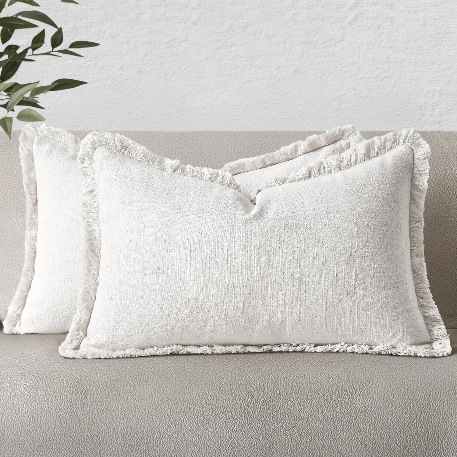 MIULEE Decorative Throw Pillow Covers Neutral Linen Fringe Throw Pillows Set of 2 Natural Linen Boho Farmhouse Cushion Covers with Tassels for Couch Sofa Bed Spring Home Decor 28x28 Inch