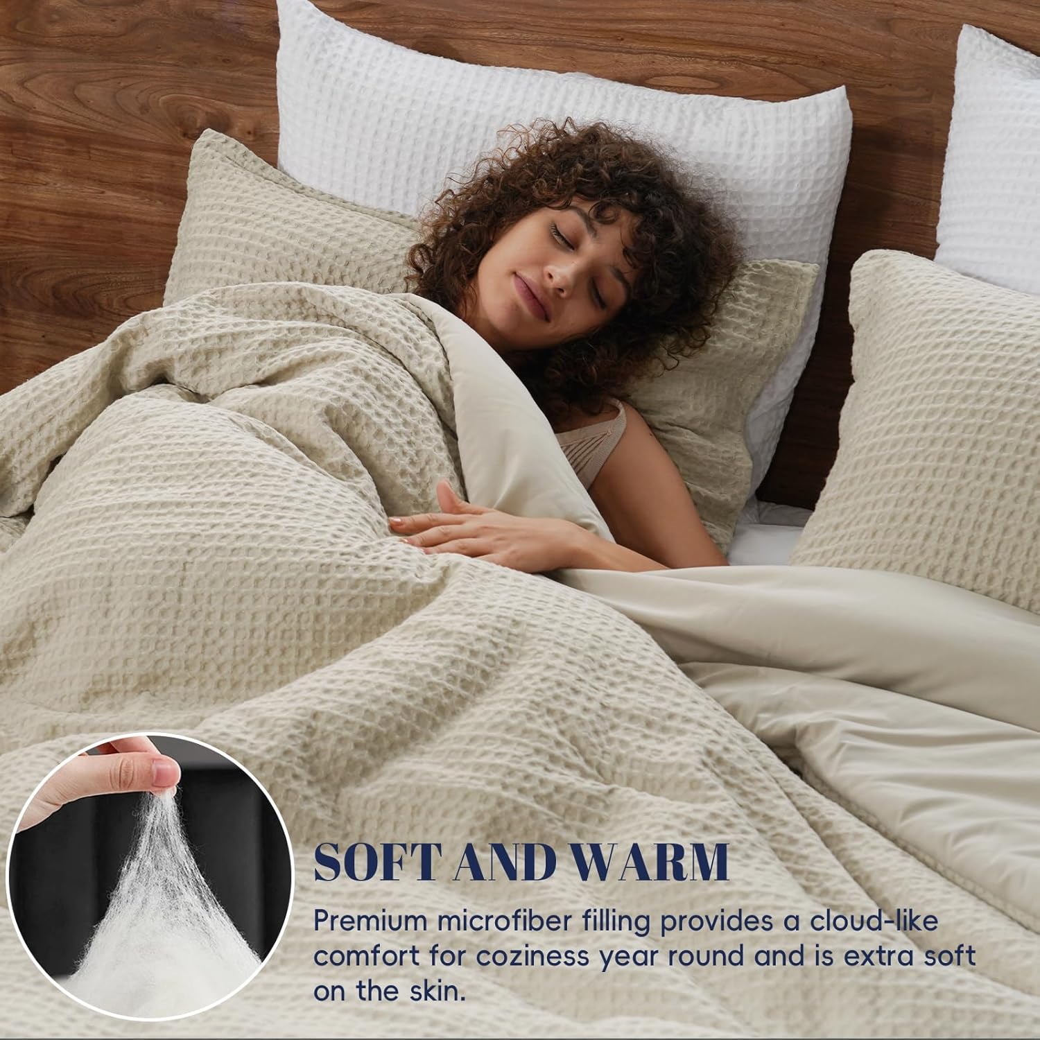 PHF Ultra Soft Waffle Weave Comforter Set Queen Size, 3 Pieces Lightweight Breathable Comfy Bedding Set, Comfy Textured 1 Comforter with 2 Pillow Shams, Linen