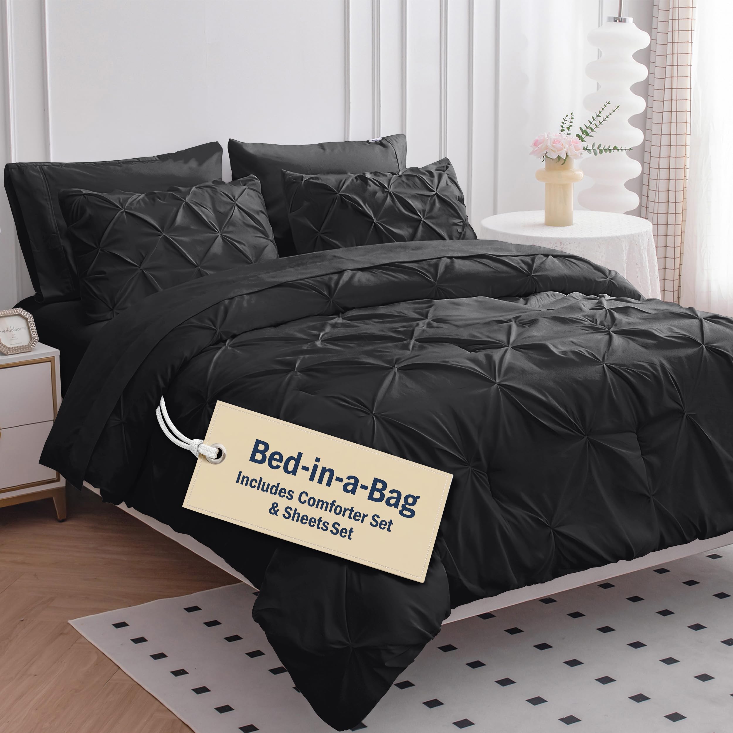 LANE LINEN Full Size Bed Comforter - 7 Piece - Refined Pintuck Finish for Hotel Style Bedding - Breathable Microfiber Bed in a Bag Comforter - Ideal for Apartments & First Homes - French Blue | Hotel sleep feel