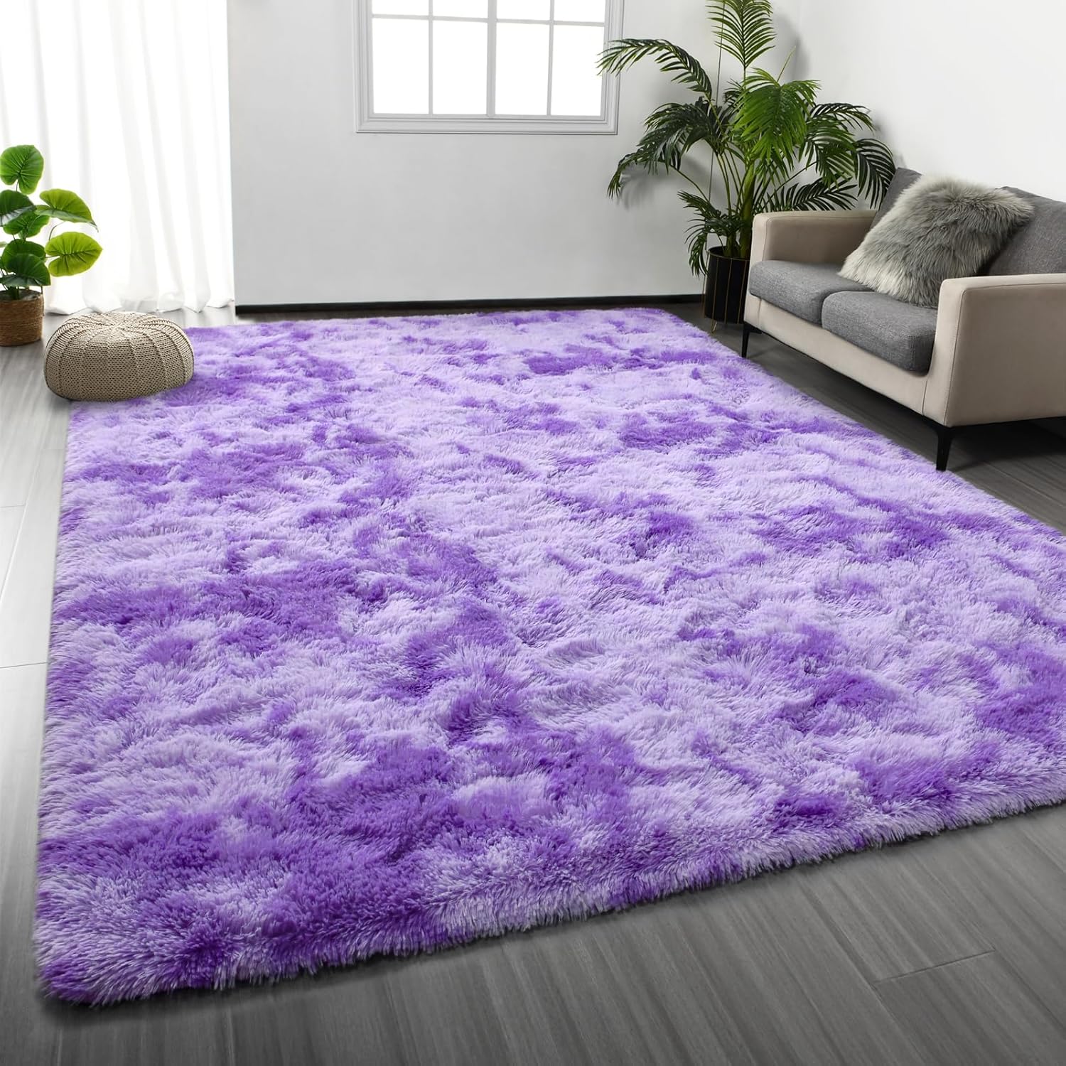 Deerhoo Large Shag Area Rugs 5 x 8, Tie-Dyed Plush Fuzzy Rugs for Living Room, Ultra Soft Fluffy Furry Rug for Bedroom, Indoor Carpet Nursery Rugs for Kids Room Home Decor, Purple