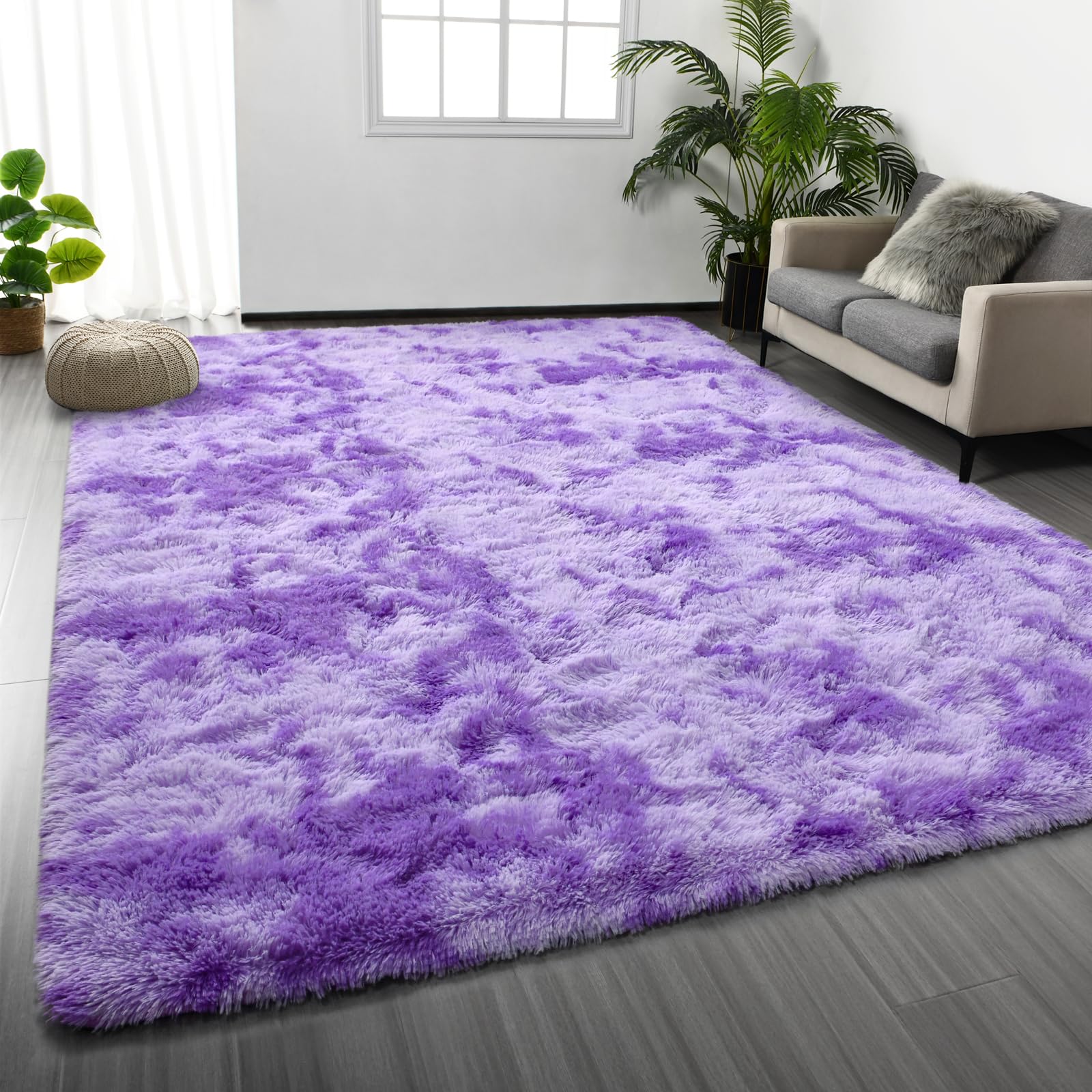 Deerhoo Large Shag Area Rugs 5 x 8, Tie-Dyed Plush Fuzzy Rugs for Living Room, Ultra Soft Fluffy Furry Rug for Bedroom, Indoor Carpet Nursery Rugs for Kids Room Home Decor, Purple