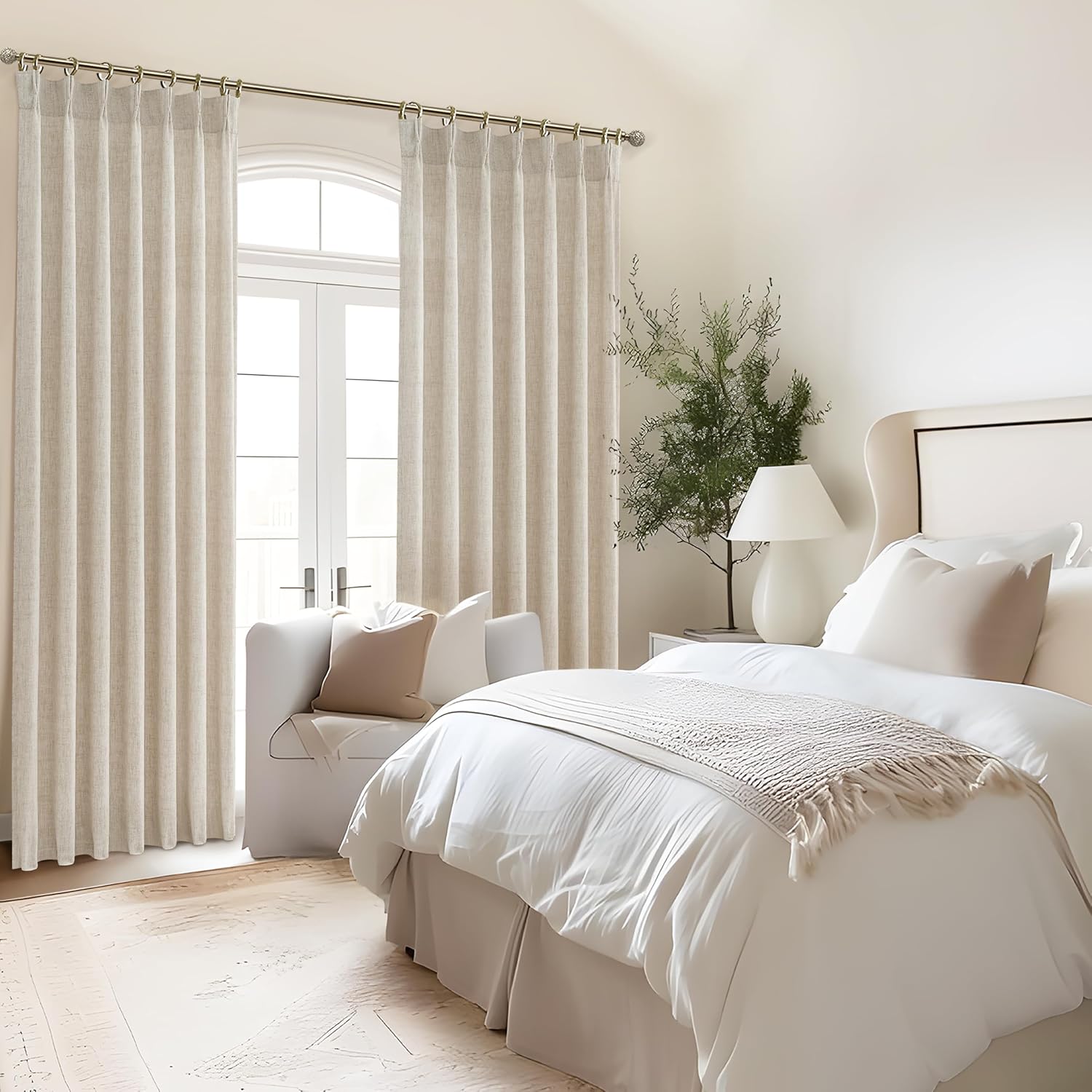 PleatedDrapes 96 Inch Curtains 2 Panel Set, Modern Linen Pleat Back Tab Dining Room Window Curtains Light Filtering Aesthetic Semi Sheer Living Room Drapes with Hooks Ring Cream Oatmeal W40 x L96