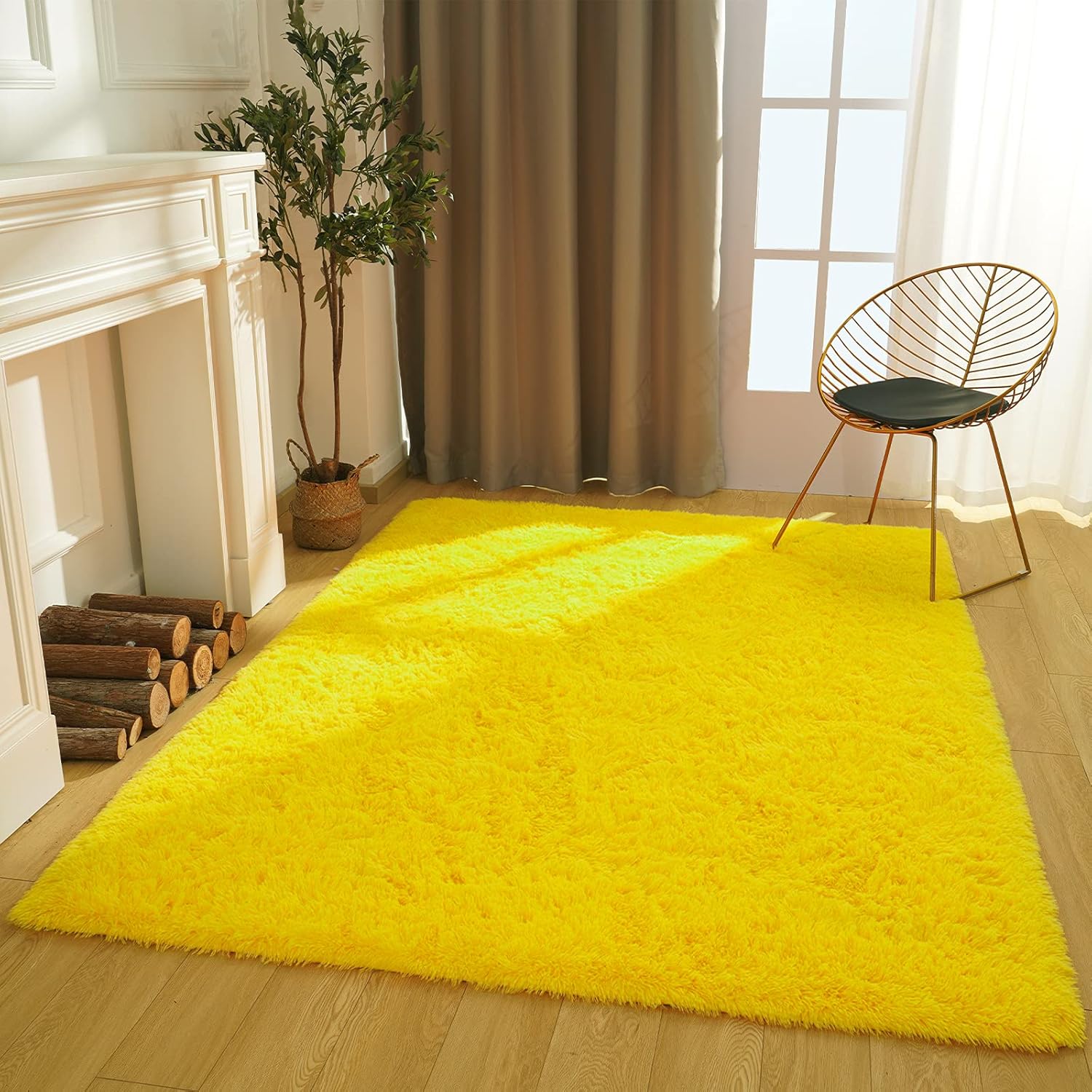 Amearea Yellow 6×9ft Soft Shag Rug, Non-slip Fluffy Carpet for Bedroom, Living Room & Nursery