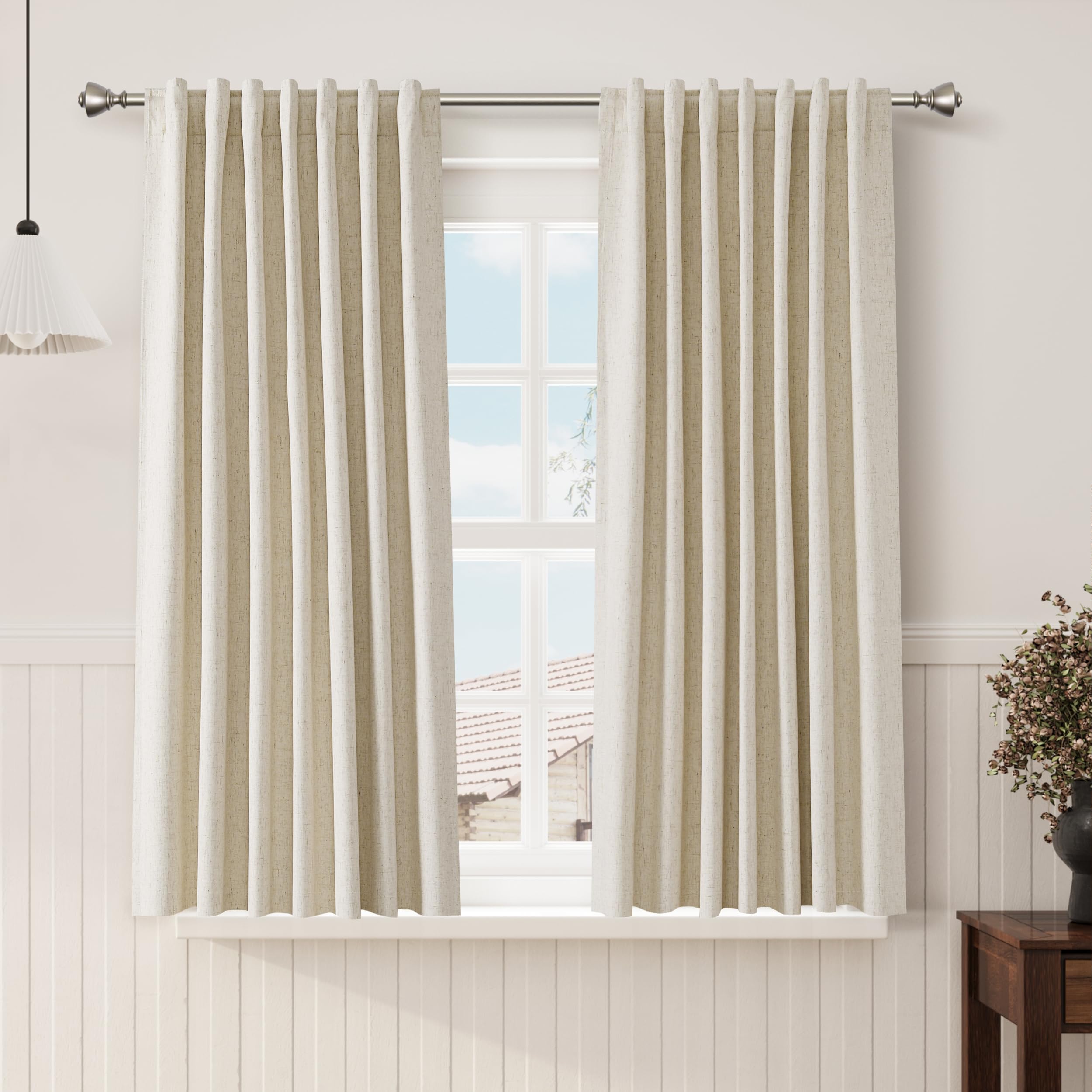 Nanspring Light Grey 100% Blackout Linen Curtains for Bedroom 90 Inches Long Back Tab Thermal Insulated Modern Luxury Simple Black Out Curtain for Living Room Dining Room Drapes 52x90, 2 Panels