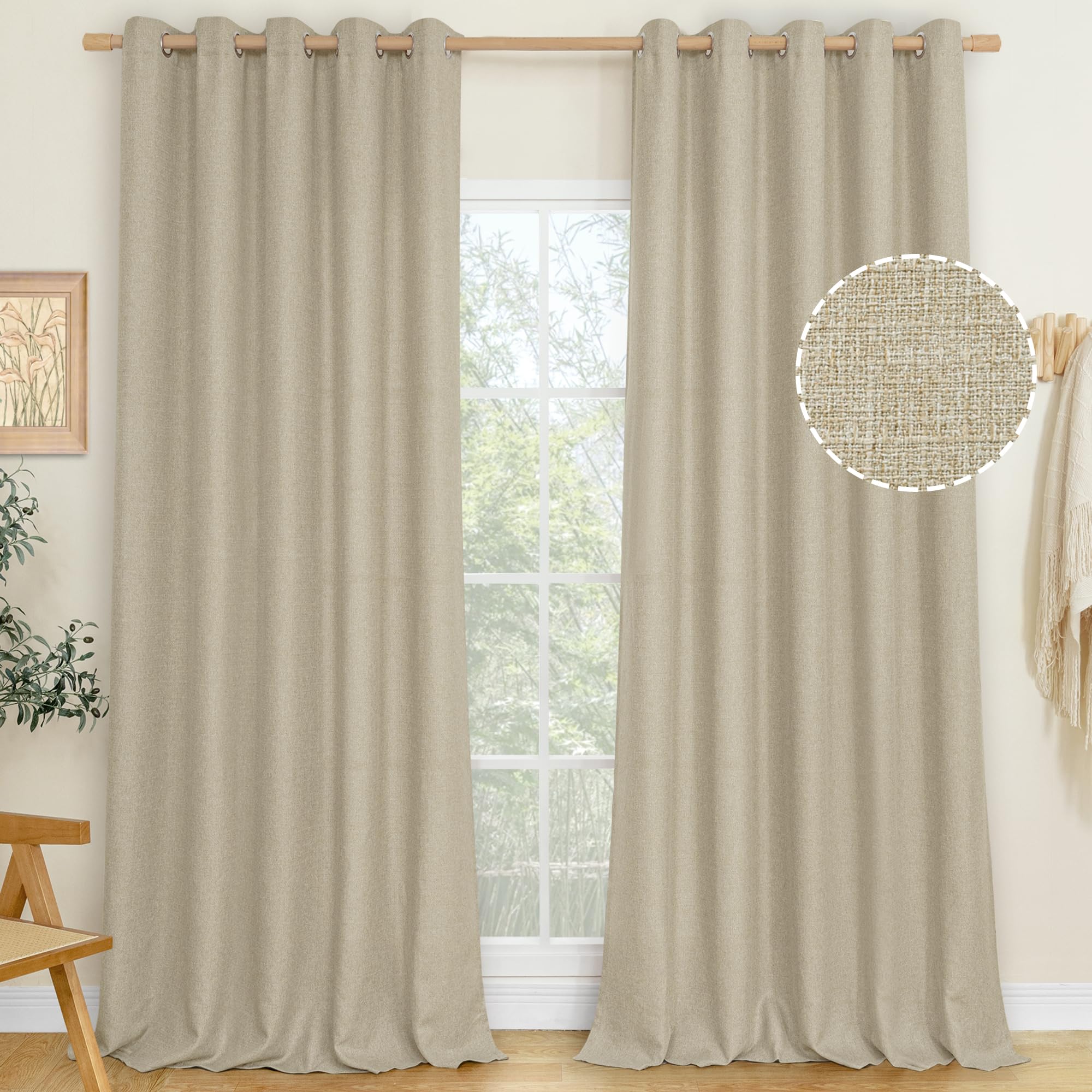 LAMIT Natural Beige Linen Curtains for Bedroom, 84 inches Grommet Thermal Insulated Thick Burlap Farmhouse Neutral Curtains Noise Reducing Light Filtering Drapes for Living Room, 2 Panels, W60 x L84