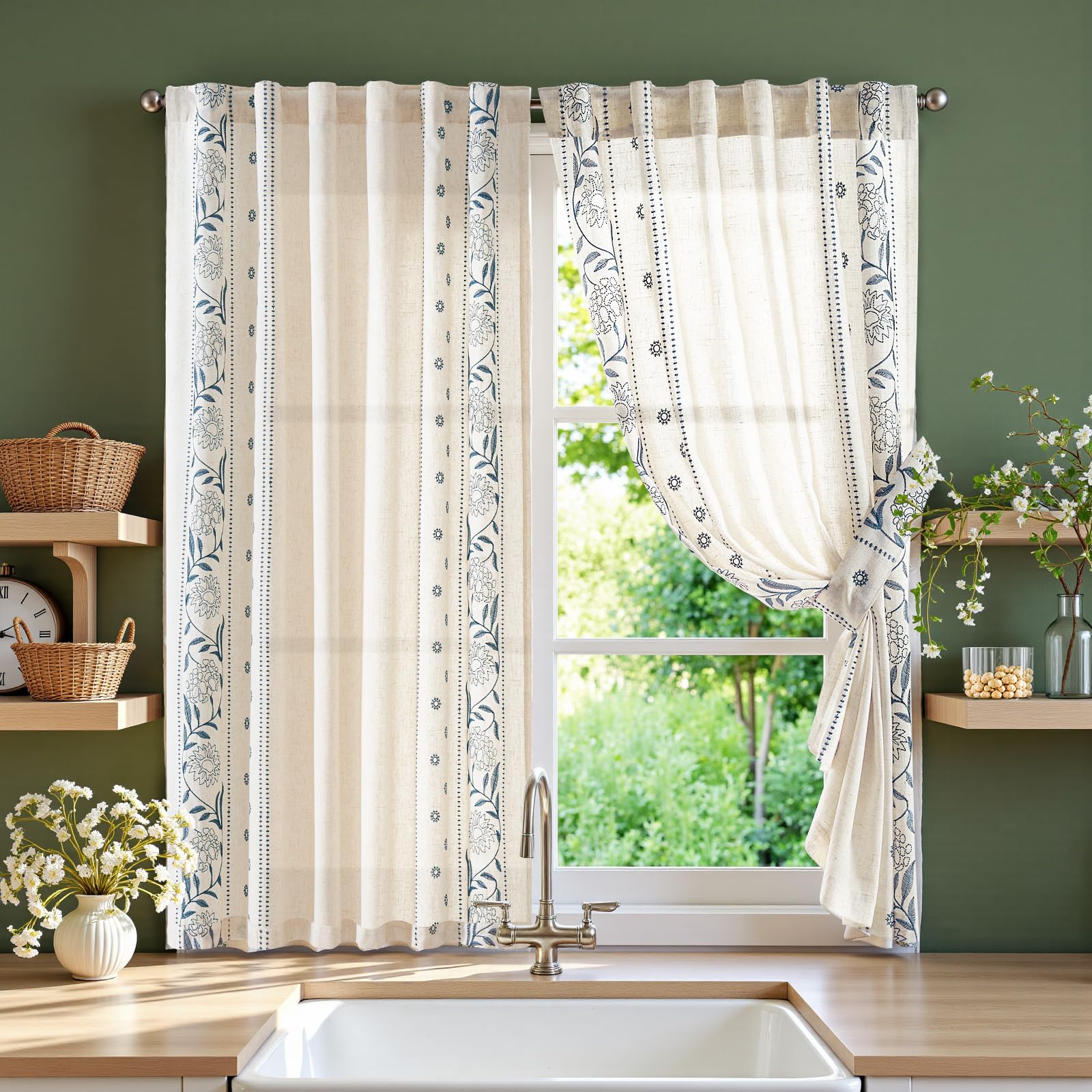 jinchan Winslow Linen Curtains for Bedroom 84 Inches Length Embroidered Bordered Floral Curtains for Living Room Farmhouse Decor Light Filtering Window Treatments Sage on Beige Drapes 2 Panels