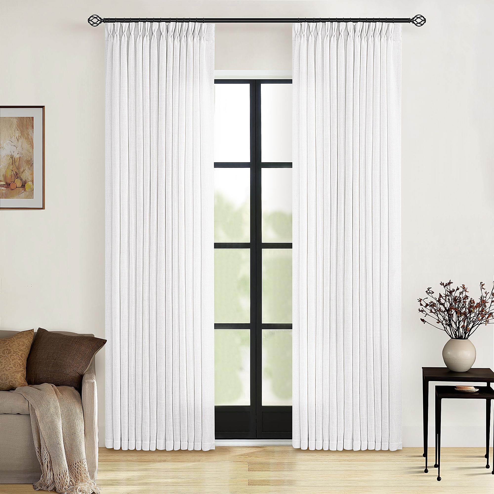 90 Inch Pinch Pleated Linen Curtains 2 Panel Set for Living Room Cream Natural Thick Linen Textured Drapes 90 Inches Long Pinch Pleat Drapes Birch Ivory Semi Sheer Curtain for Dining Bedroom Office