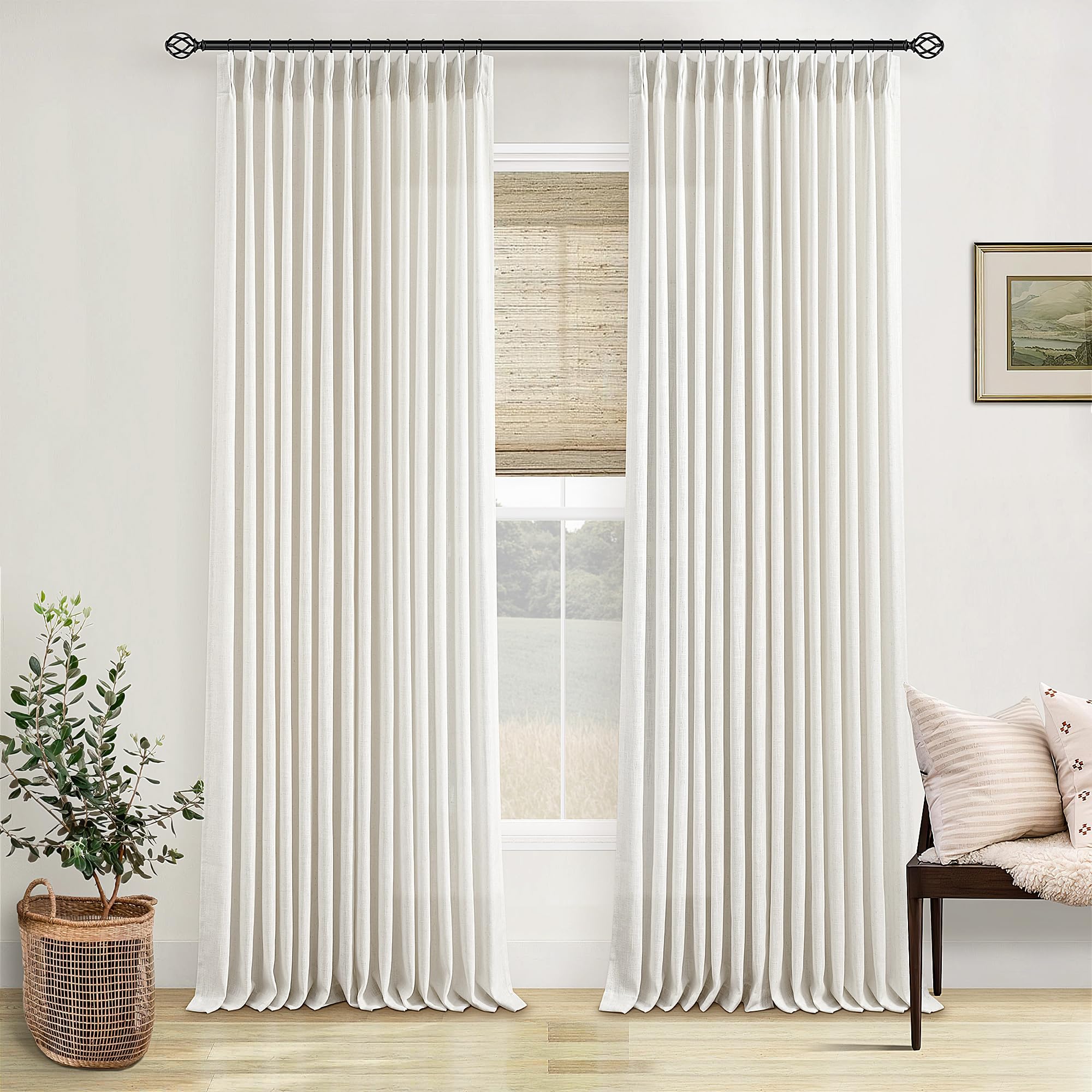90 Inch Pinch Pleated Linen Curtains 2 Panel Set for Living Room Cream Natural Thick Linen Textured Drapes 90 Inches Long Pinch Pleat Drapes Birch Ivory Semi Sheer Curtain for Dining Bedroom Office