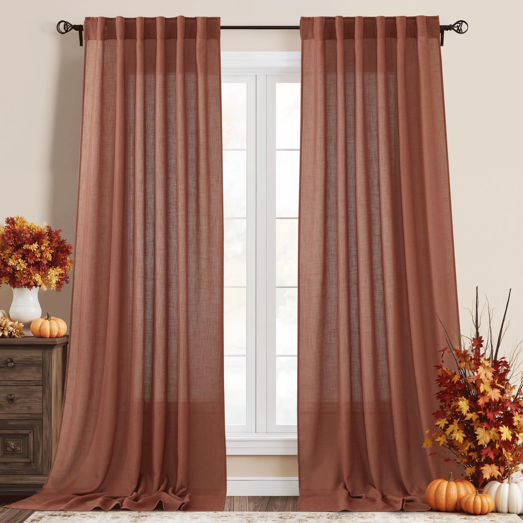 RYB HOME Farmhouse Sheer Curtains 108 inch Length, Semi Sheer Curtain & Drapes Large Window Dressing Lights & Winds Filter for Bedroom Home Office Living Room, Linen, W 70 x L 108 inch Long, 1 Pair