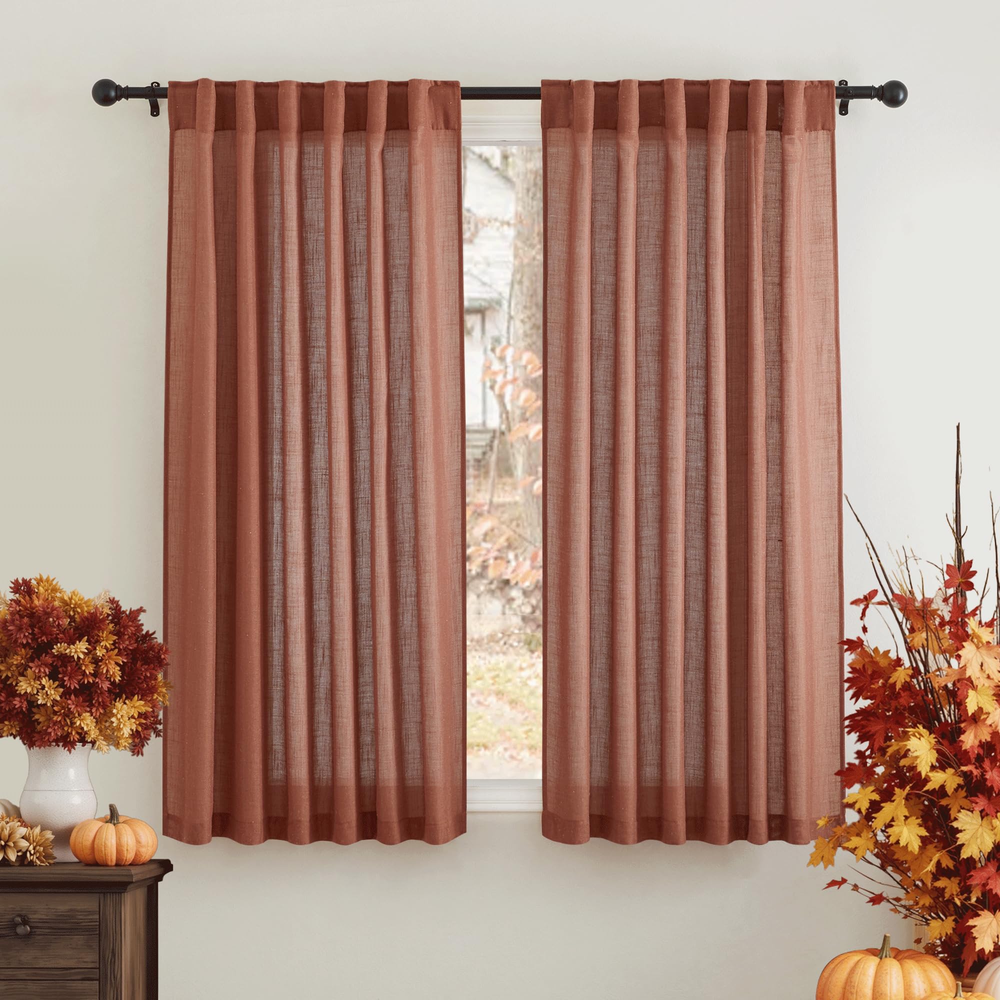 RYB HOME Farmhouse Sheer Curtains 108 inch Length, Semi Sheer Curtain & Drapes Large Window Dressing Lights & Winds Filter for Bedroom Home Office Living Room, Linen, W 70 x L 108 inch Long, 1 Pair