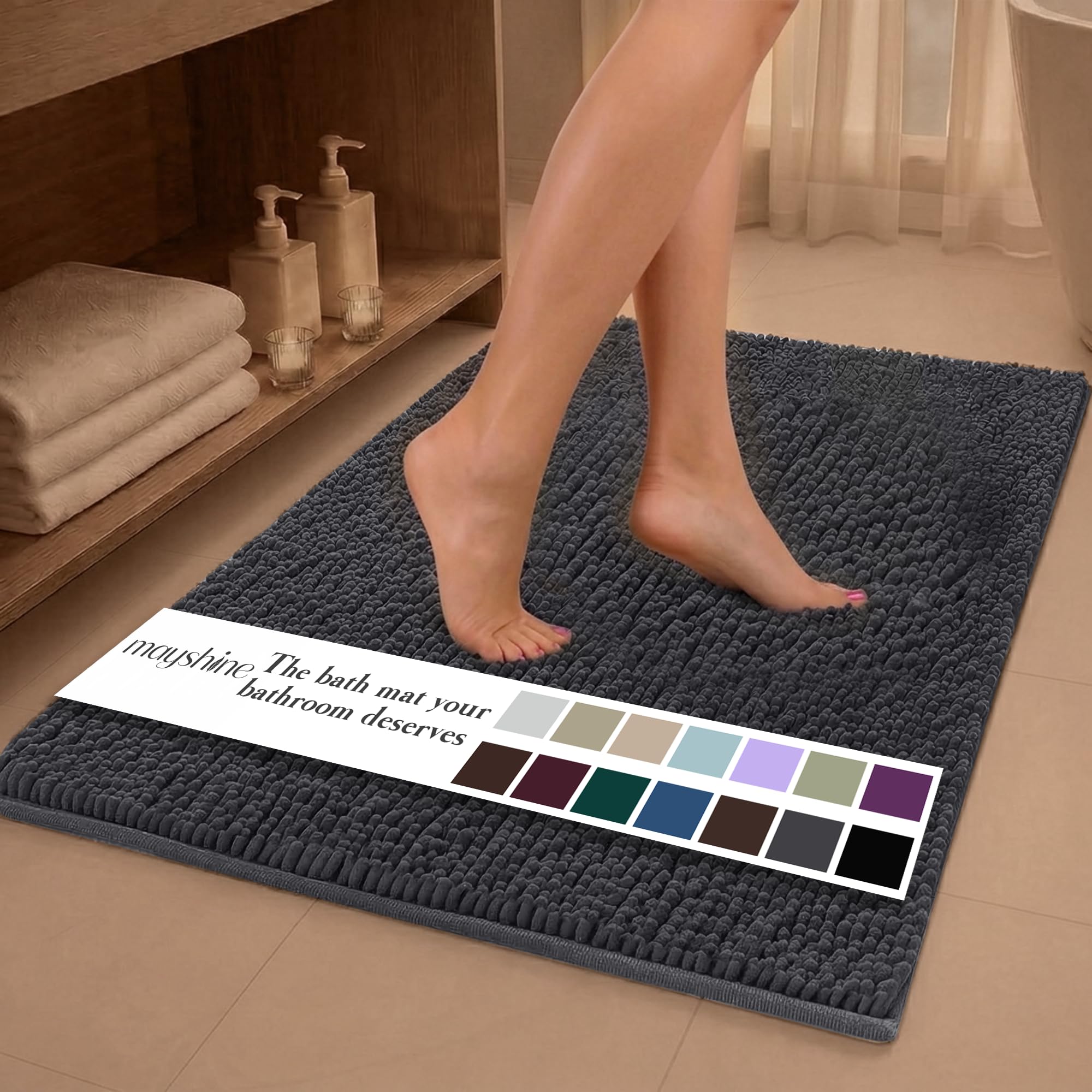 MAYSHINE Plush Shaggy Chenille Bath Mat | Extra Soft, Super Absorbent, Non-Slip Bathroom Rug | Fluffy Microfiber, Area Rug Sets for Bathroom Floor, Kitchen, Living Room | 59"x31" | Beige