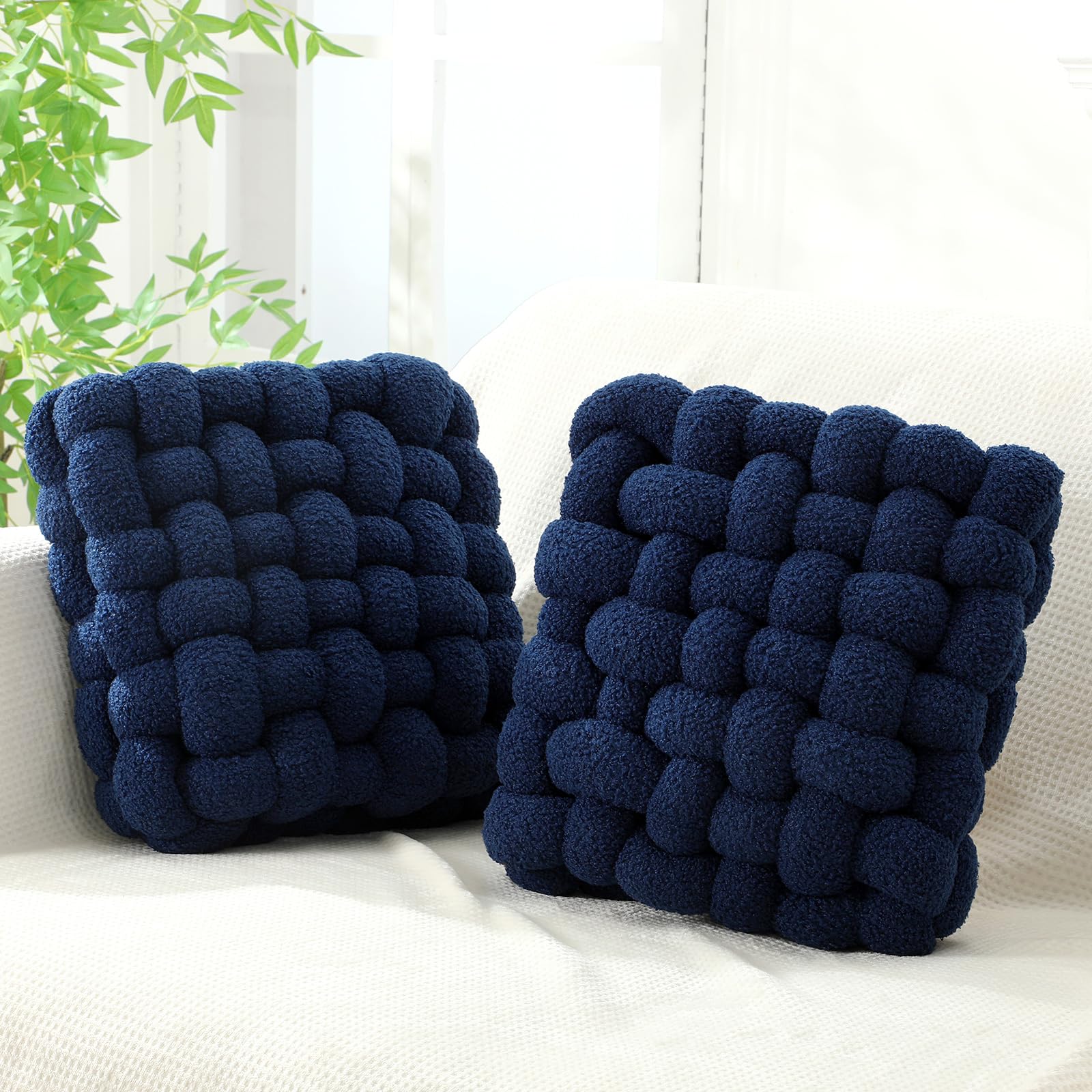 Wenqik 2 Pcs Knot Pillows Square Knotted Plush Throws Soft Accent Pillows Decoration Cushion for Couch Home Office Living Room Bedroom Bed Sofa Decor, 12'' x 13''(Cream White,Lambswool)
