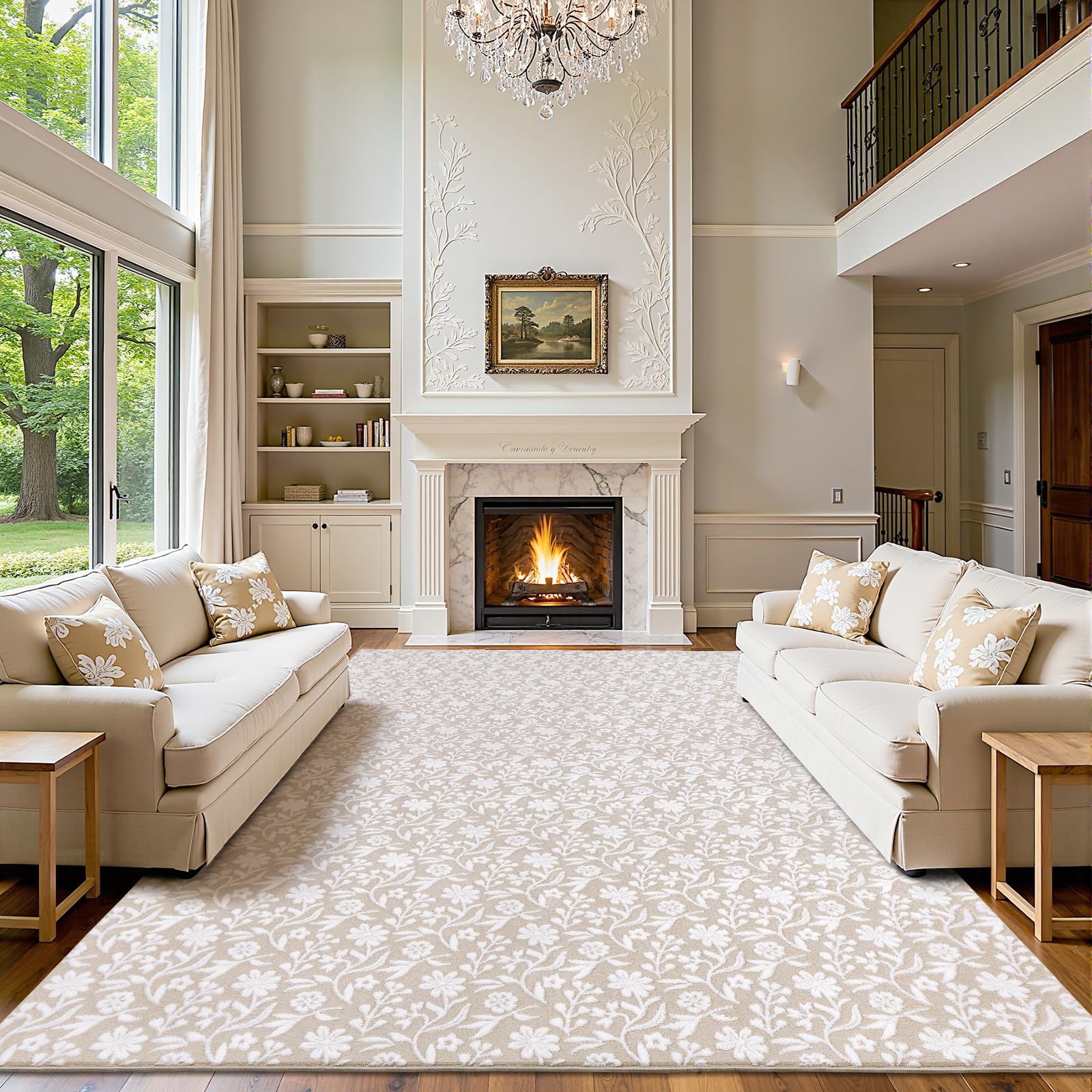 Vaukki Round Rug for Living Room, Soft Fluffy Washable Modern Floral Indoor Floor Mat, Non Slip Shaggy Boho Accent Throw Carpet for Bedroom, Living Room, Nursery and Dining Room, Beige, Round-6Ft