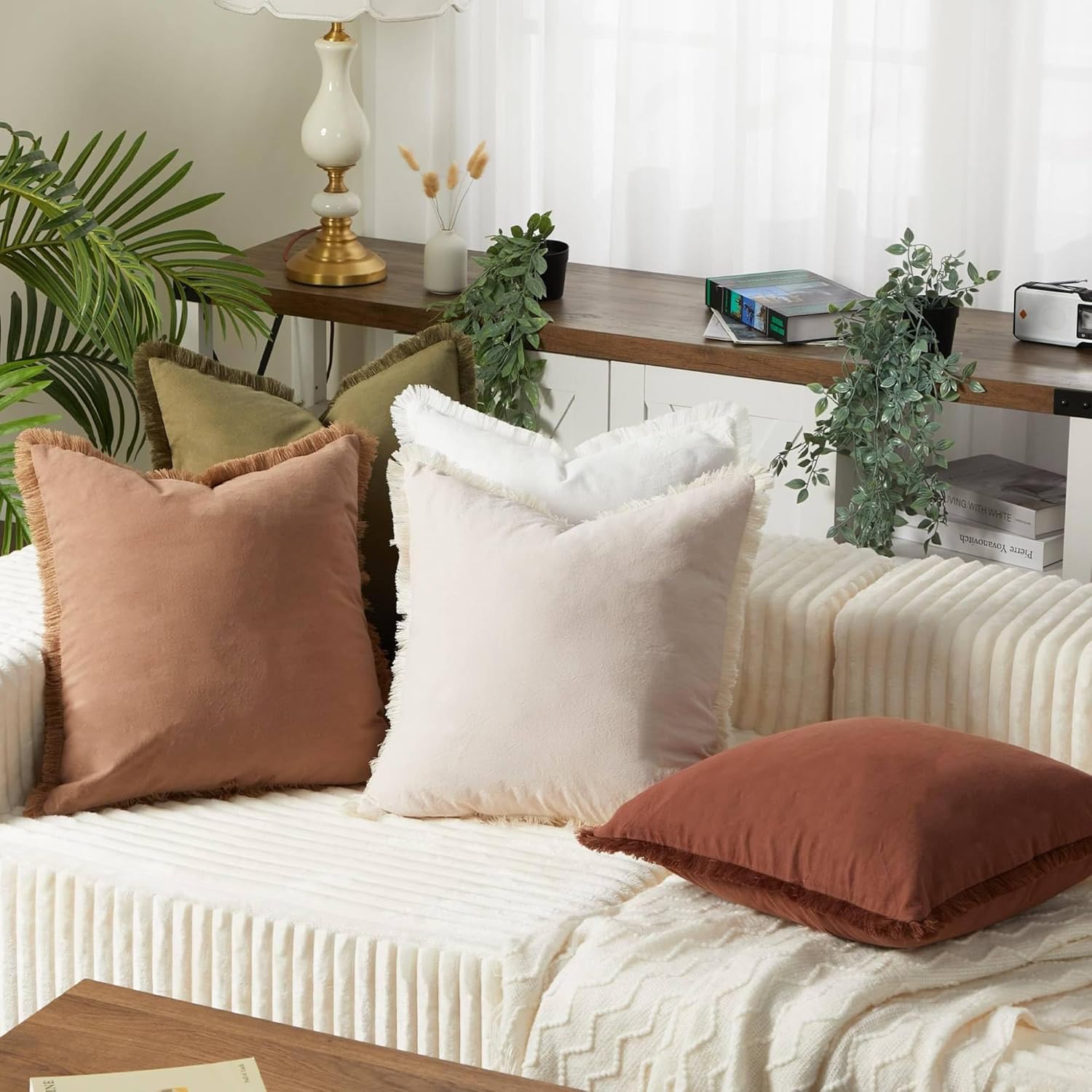 Boho Fringe Throw Pillow Covers Set of 4, Washed Cotton Decorative Square Cushion Cases with Raw Edge Fringe, Neutral Earth Tone Farmhouse Decor Pillow Covers for Sofa Couch Bed Home Decoration