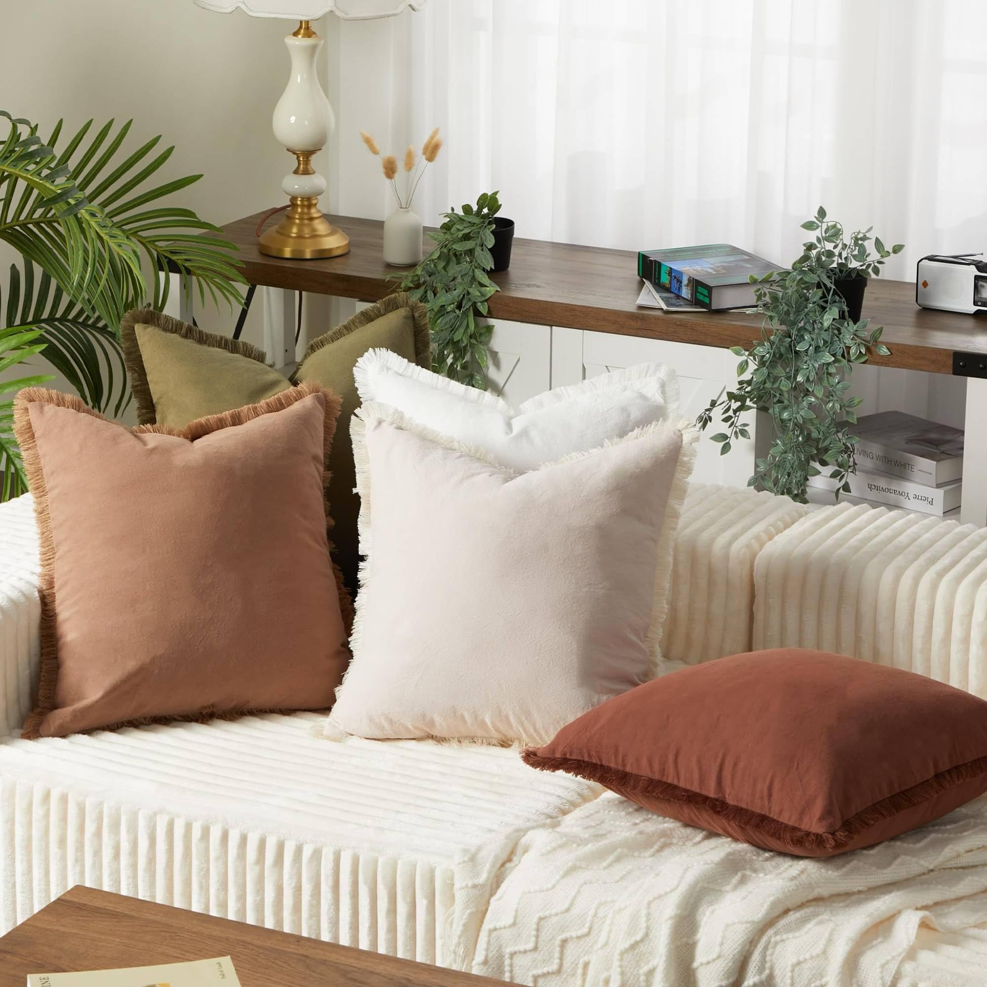 Boho Fringe Throw Pillow Covers Set of 4, Washed Cotton Decorative Square Cushion Cases with Raw Edge Fringe, Neutral Earth Tone Farmhouse Decor Pillow Covers for Sofa Couch Bed Home Decoration