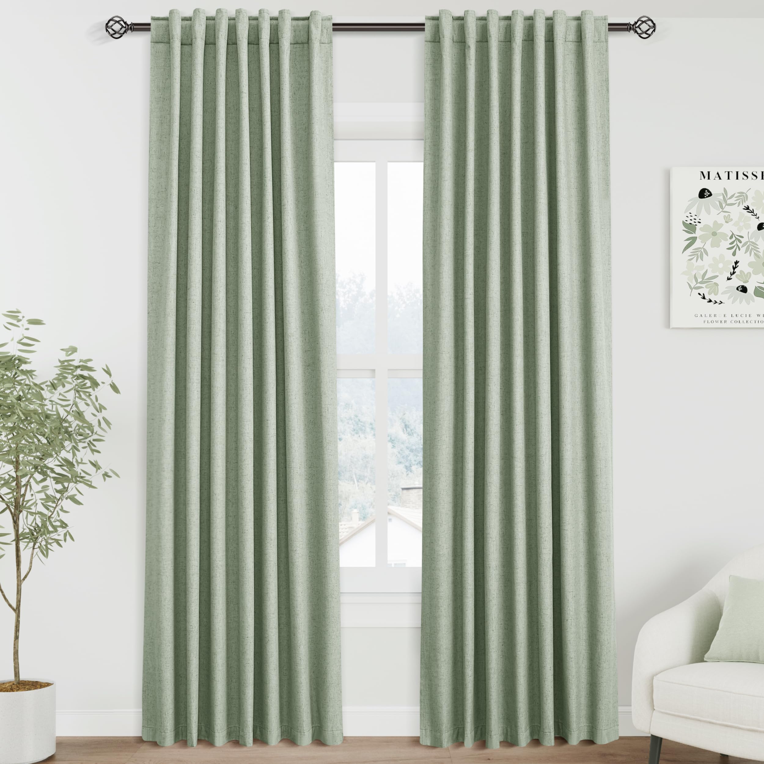 Nanspring Light Grey 100% Blackout Linen Curtains for Bedroom 90 Inches Long Back Tab Thermal Insulated Modern Luxury Simple Black Out Curtain for Living Room Dining Room Drapes 52x90, 2 Panels