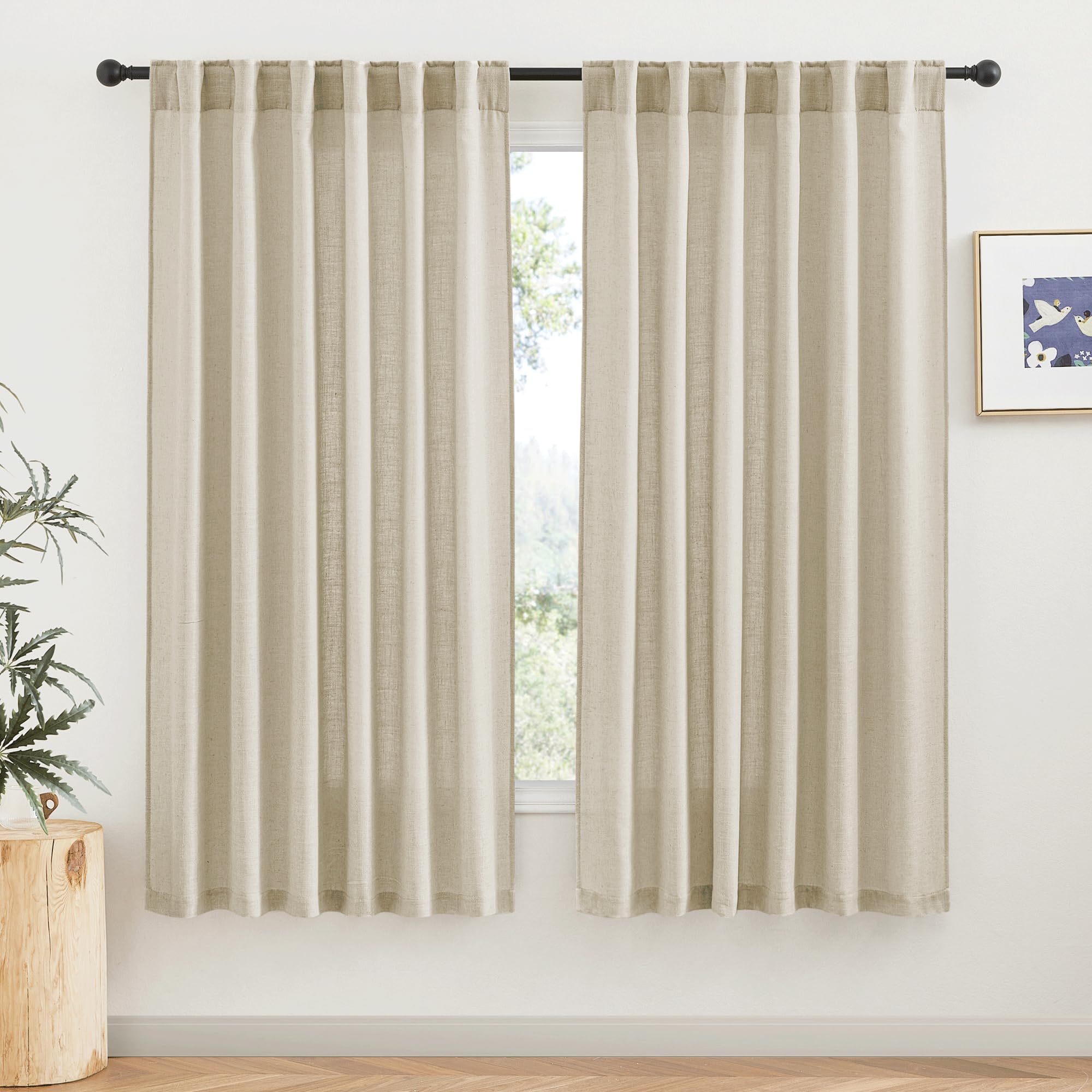 RYB HOME Farmhouse Sheer Curtains 108 inch Length, Semi Sheer Curtain & Drapes Large Window Dressing Lights & Winds Filter for Bedroom Home Office Living Room, Linen, W 70 x L 108 inch Long, 1 Pair