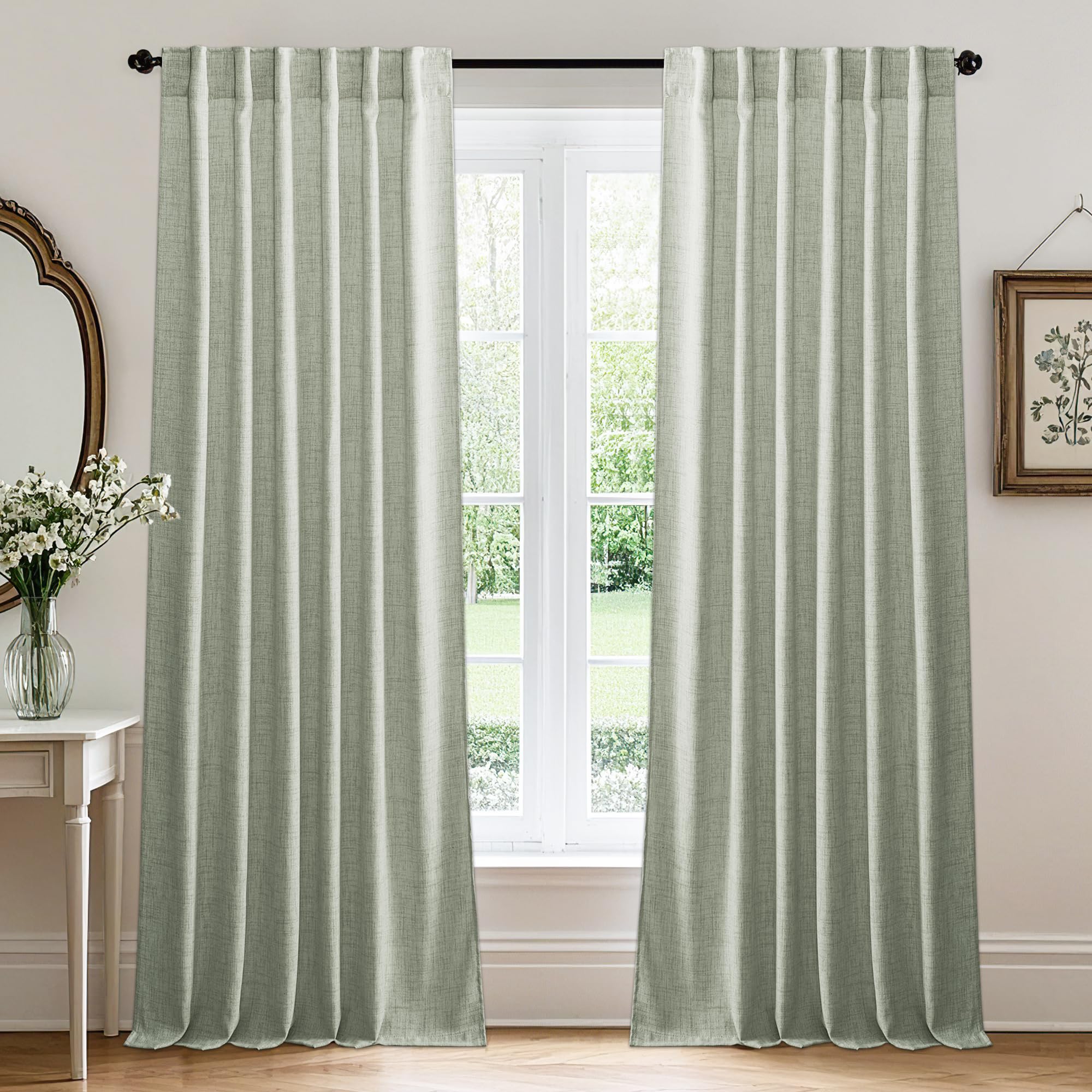 RYB HOME Farmhouse Sheer Curtains 108 inch Length, Semi Sheer Curtain & Drapes Large Window Dressing Lights & Winds Filter for Bedroom Home Office Living Room, Linen, W 70 x L 108 inch Long, 1 Pair