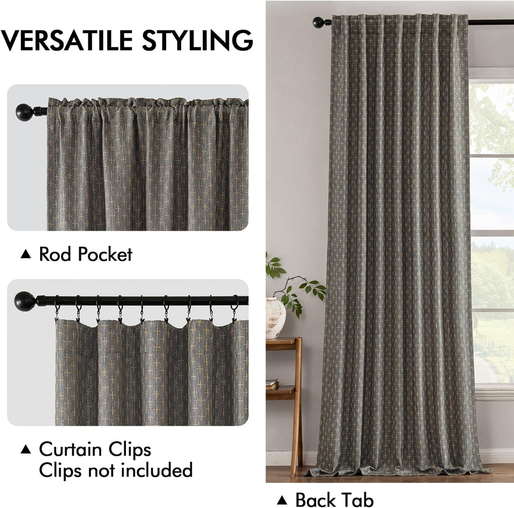 MIULEE Decorative Back Tab Linen Curtains with Geometric Pattern for Living Room Bedroom Farmhouse Rustic Thick Woven Textured Patterned Floor to Ceiling Drapes 102 Inch Long 2 Panels, Dark Grey