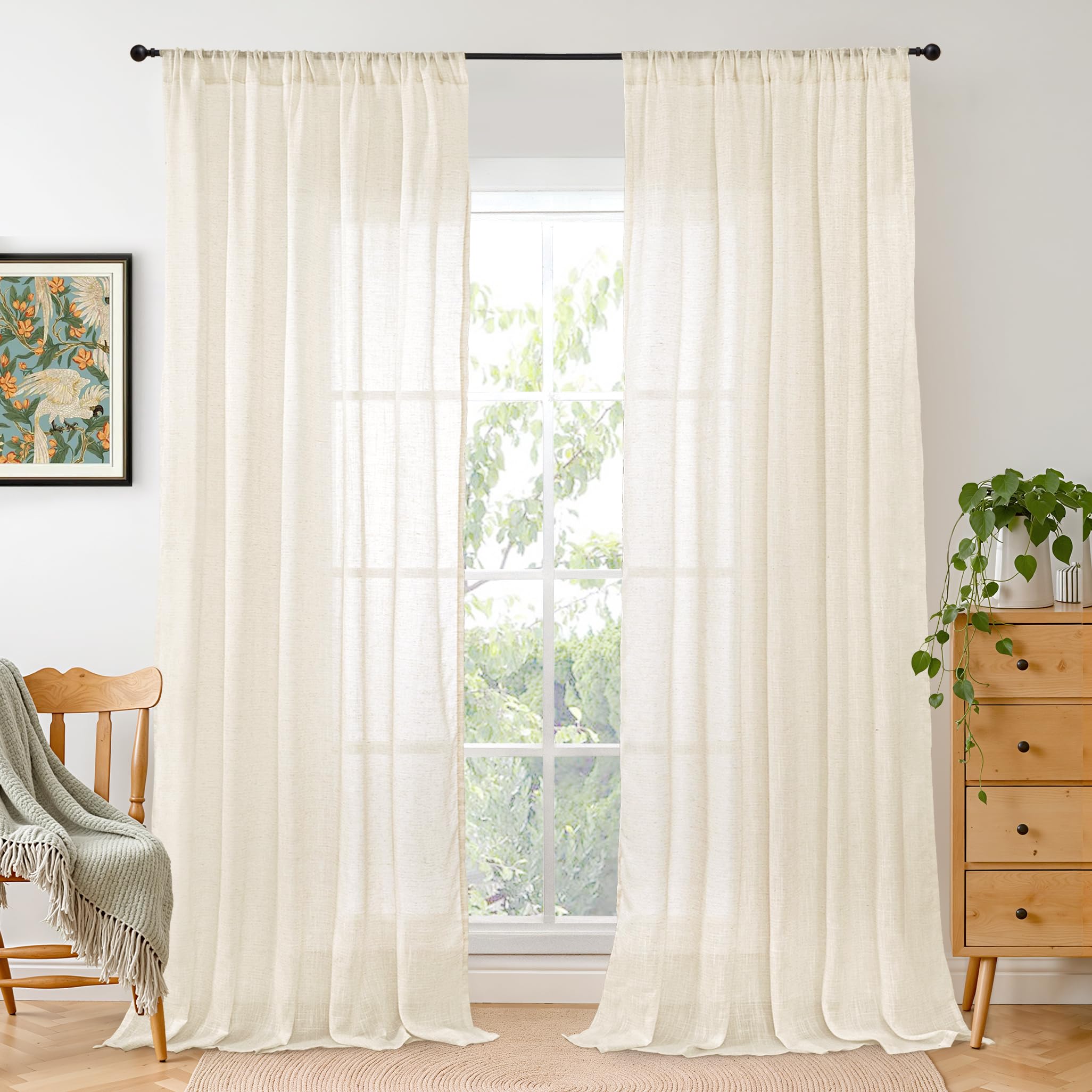 BGment 90 Inches Long Curtains Linen Semi Sheer, Light Filtering Window Treatments Drapes with Rod Pocket Lightweight for Living Room Bedroom, 2 Panels, 52 Inch Wide Each Panel
