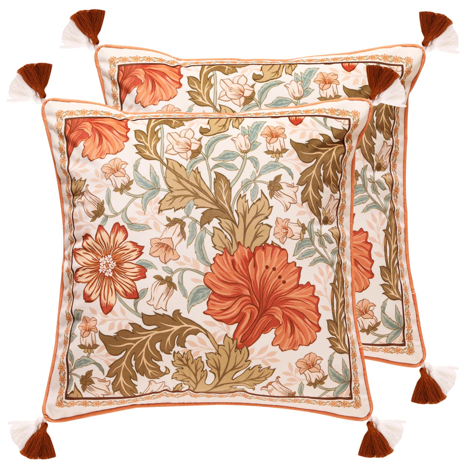 bilin gaier Vintage Square Throw Pillow Covers Pack of 2,Red Cozy Velvet with Leaves and Floral Pattern Pillowcases,Decoration Pillows Cushion Covers for Living Room Couch Sofa Bed Car Chair,18"x18"