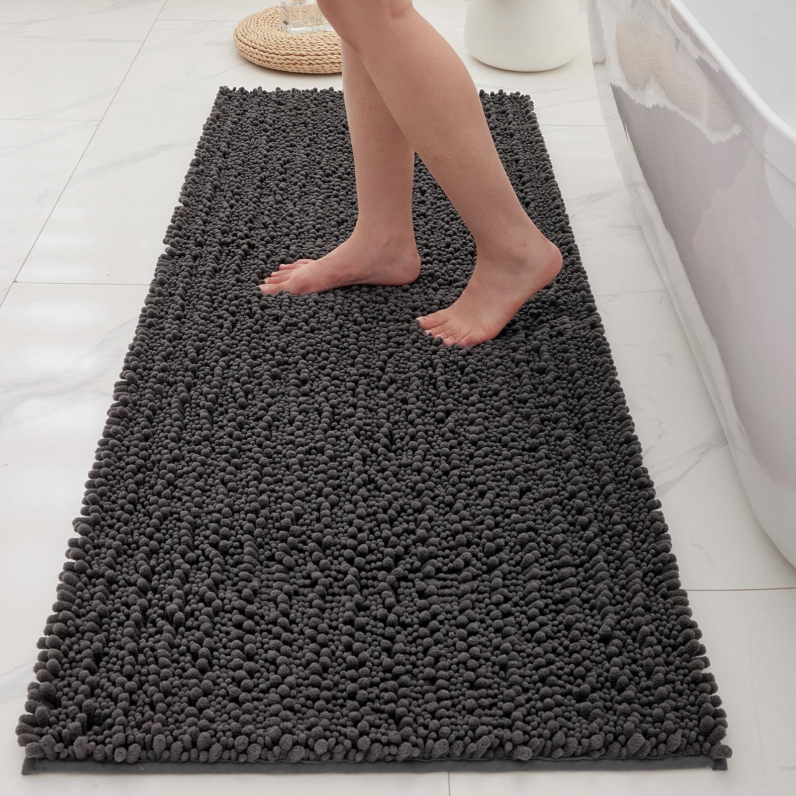 Bathroom Rugs Non Slip Washable 70x24, Extra Thick Soft Chenille Absorbent Bath Mat, High Density Barrier Non Slip Backing, Quick Dry Plush Shaggy Floor Carpet for Tub&Shower, White