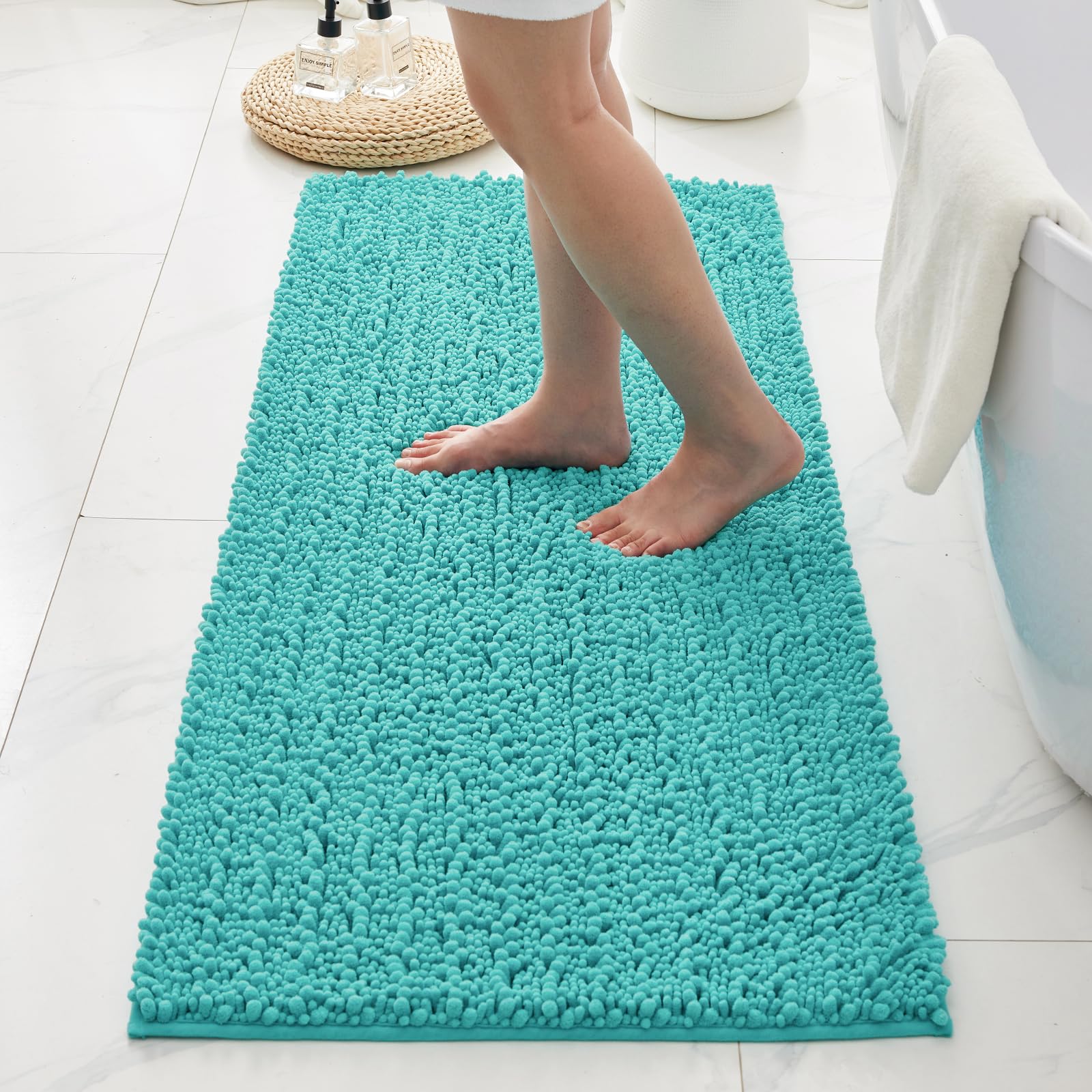 Bathroom Rugs Non Slip Washable 70x24, Extra Thick Soft Chenille Absorbent Bath Mat, High Density Barrier Non Slip Backing, Quick Dry Plush Shaggy Floor Carpet for Tub&Shower, White