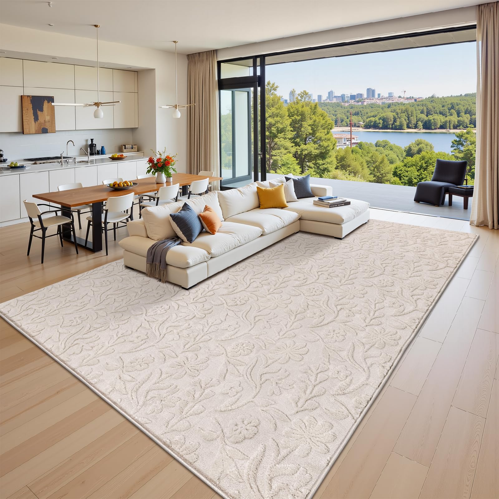 Vaukki Round Rug for Living Room, Soft Fluffy Washable Modern Floral Indoor Floor Mat, Non Slip Shaggy Boho Accent Throw Carpet for Bedroom, Living Room, Nursery and Dining Room, Beige, Round-6Ft