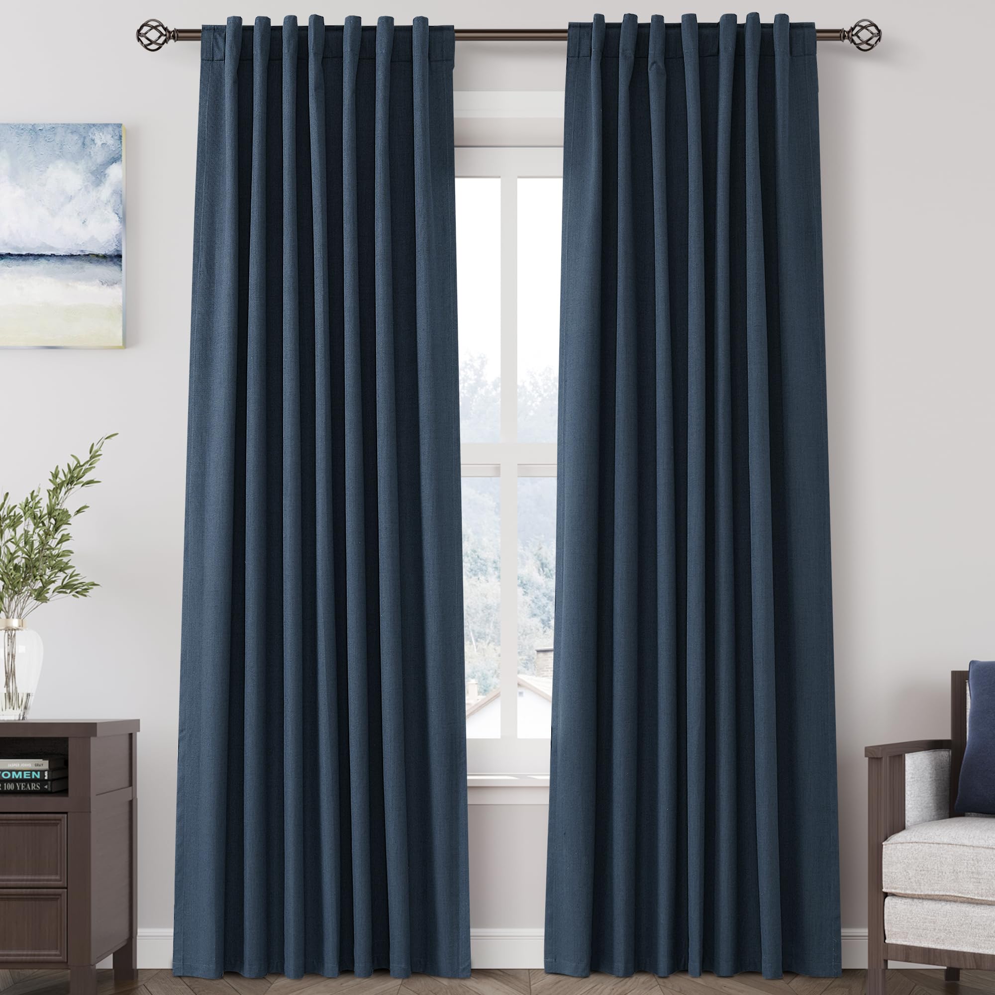Nanspring Light Grey 100% Blackout Linen Curtains for Bedroom 90 Inches Long Back Tab Thermal Insulated Modern Luxury Simple Black Out Curtain for Living Room Dining Room Drapes 52x90, 2 Panels