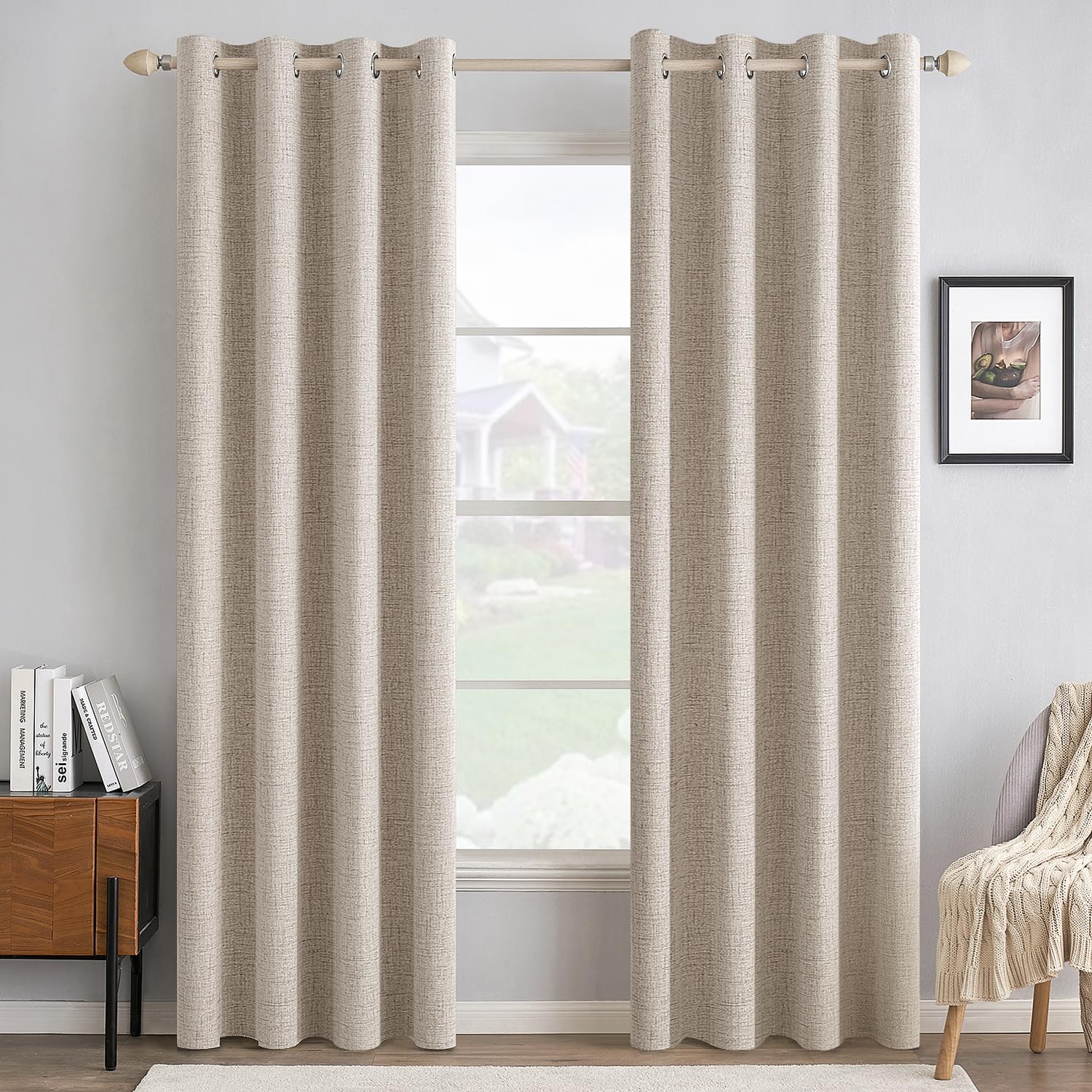 MIULEE 100% Blackout Linen Curtains for Bedroom Thermal Insulated Birch Grommet Room Darkening Curtains & Drapes for Living Room Nursery 52 x 96 Inch (2 Panels)