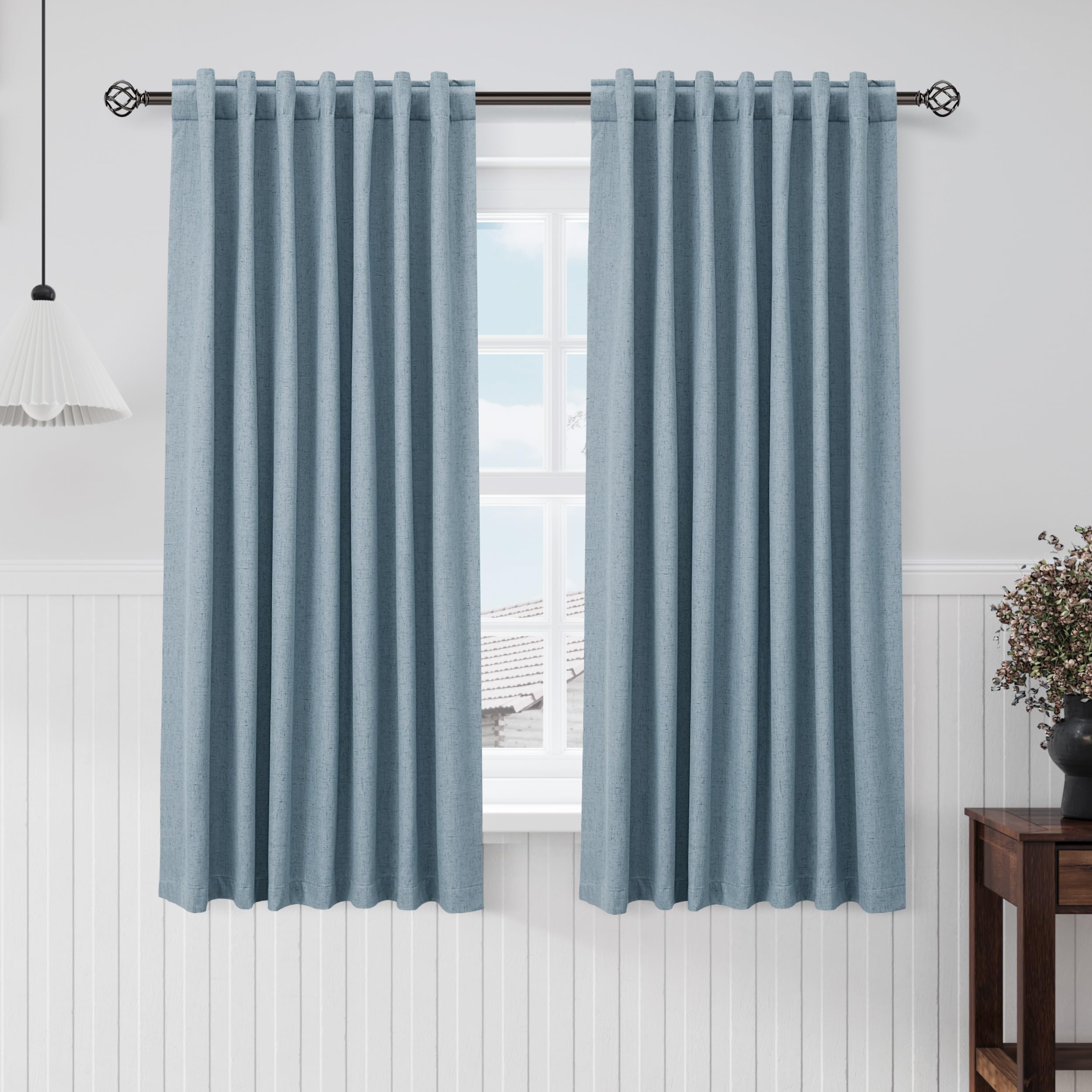 Nanspring Light Grey 100% Blackout Linen Curtains for Bedroom 90 Inches Long Back Tab Thermal Insulated Modern Luxury Simple Black Out Curtain for Living Room Dining Room Drapes 52x90, 2 Panels