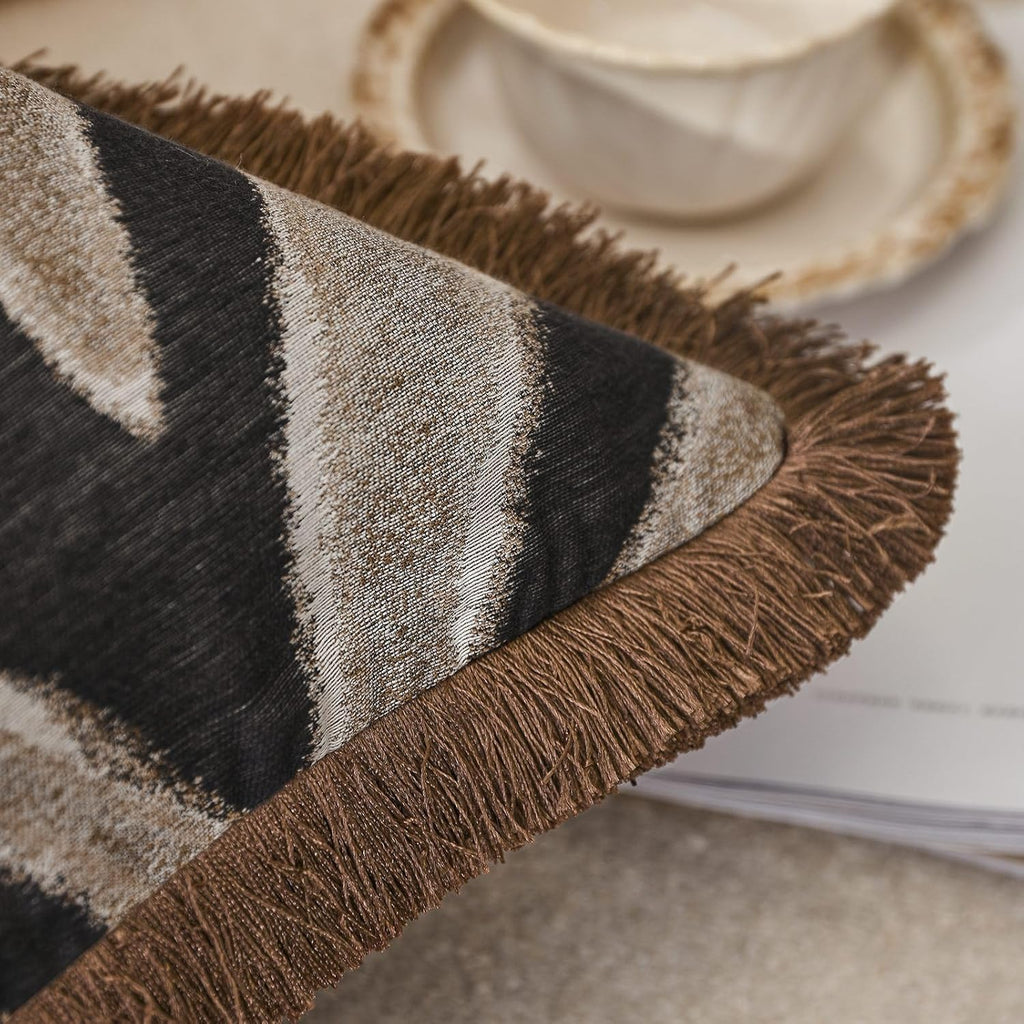 Luxury Zebra Lumbar Pillow Cover with Brown Tassel Trim, Zebra Pattern Jacquard Design Decorative Pillow Case for Sofa Bedroom Living Room, 12x20 Inch (Single Pack)