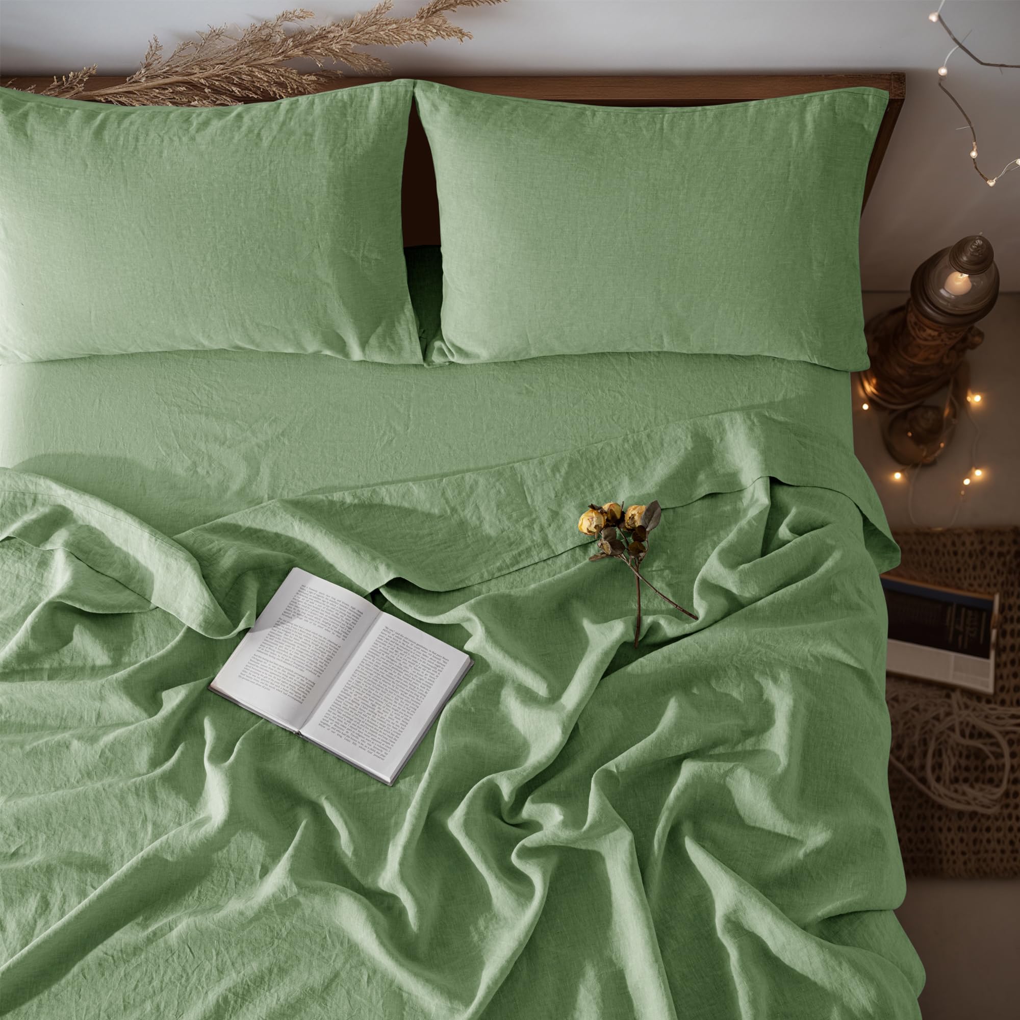 LBRO2M 100% Pure Linen Sheet Set Deep Pocket Up to 16" Bed Sheets Sets, Natural Flax Beddings Soft, Breathable, Comfortable for All Seasons 4 Pcs Sheet Set Queen Size, Linen