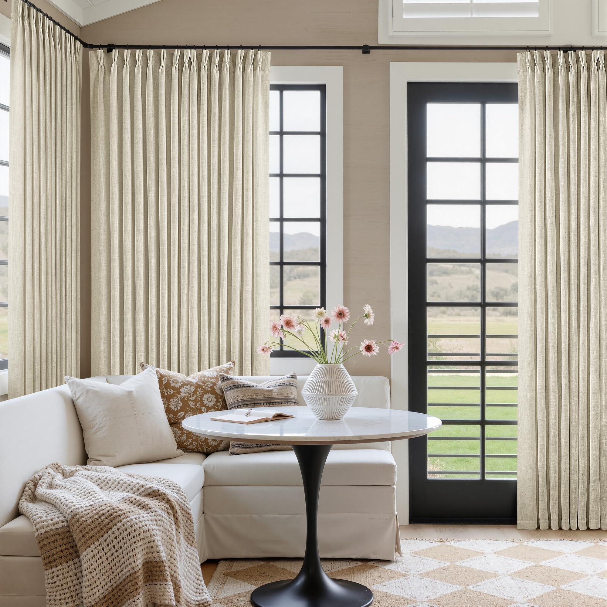 90 Inch Pinch Pleated Linen Curtains 2 Panel Set for Living Room Cream Natural Thick Linen Textured Drapes 90 Inches Long Pinch Pleat Drapes Birch Ivory Semi Sheer Curtain for Dining Bedroom Office