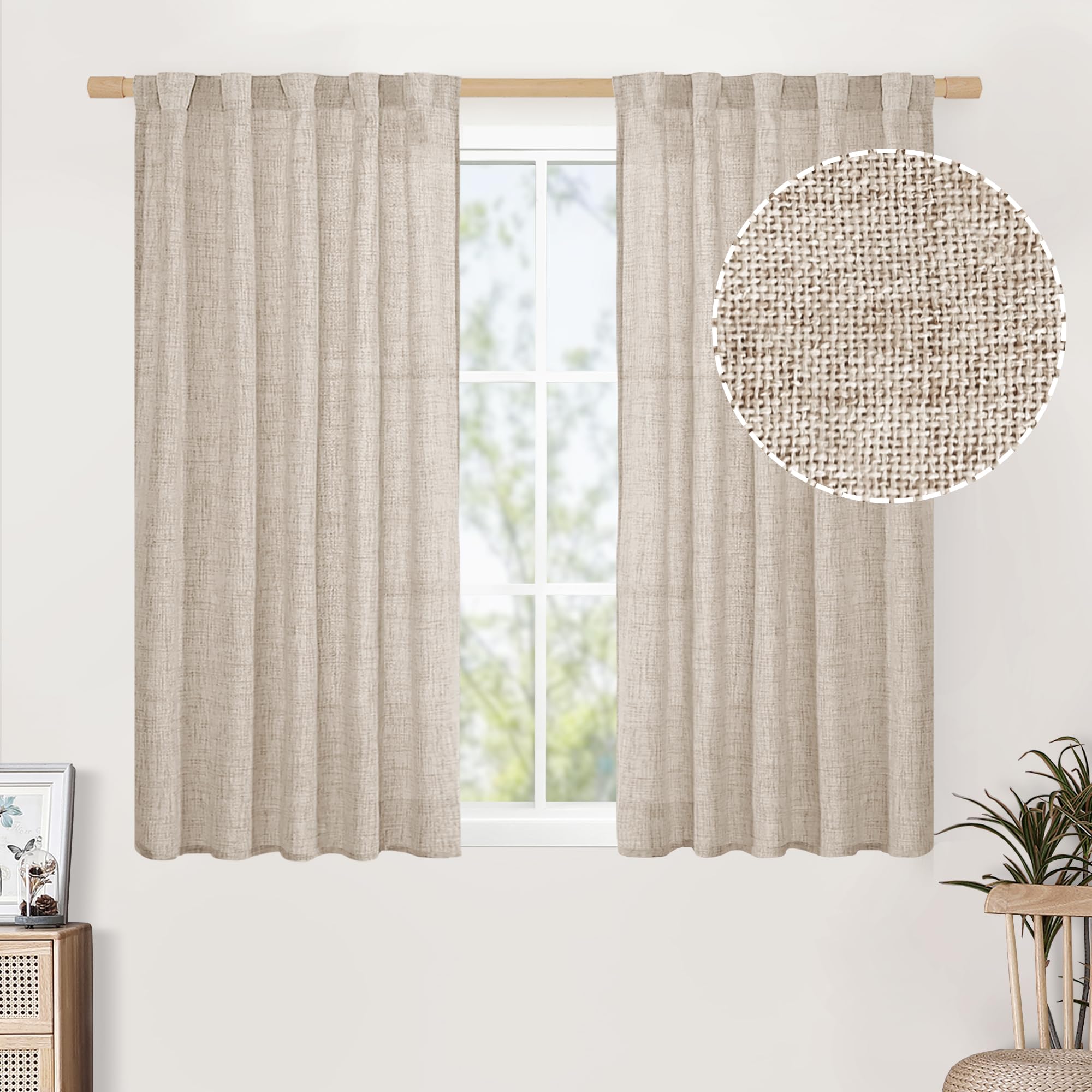 BGment Long 102 Inch Length Linen Curtains for Living Room, Natural Rod Pocket Textured Burlap Drapes Rustic Country Light Filtering for Bedroom Semi Sheer Back Tab, 2 Panel, 52 Inch Wide Each Panel