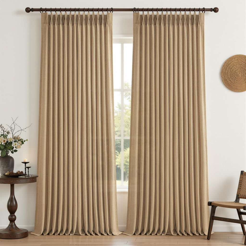 PleatedDrapes 96 Inch Curtains 2 Panel Set, Modern Linen Pleat Back Tab Dining Room Window Curtains Light Filtering Aesthetic Semi Sheer Living Room Drapes with Hooks Ring Cream Oatmeal W40 x L96
