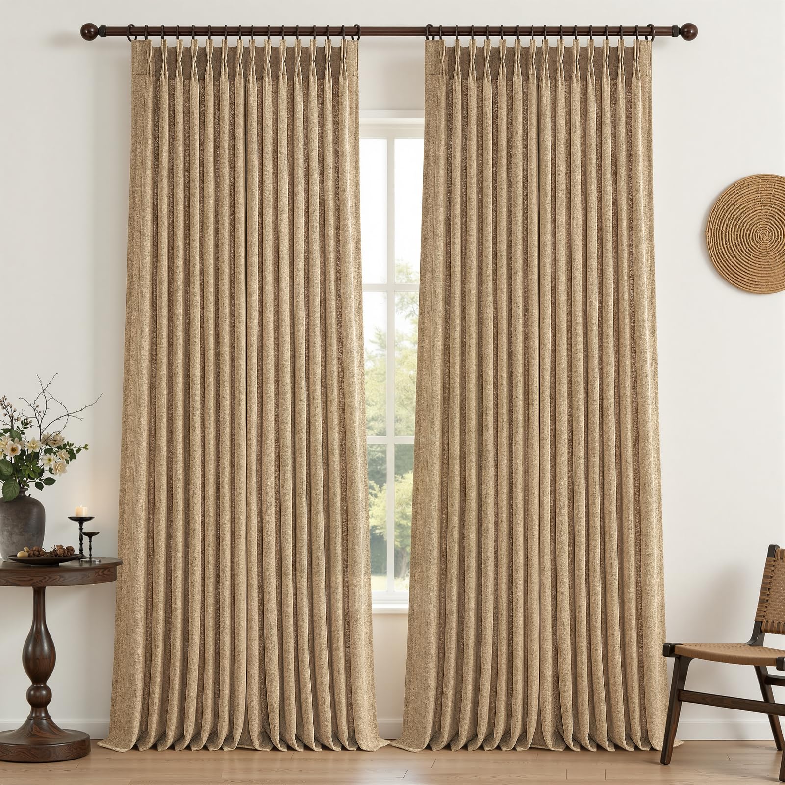 PleatedDrapes 96 Inch Curtains 2 Panel Set, Modern Linen Pleat Back Tab Dining Room Window Curtains Light Filtering Aesthetic Semi Sheer Living Room Drapes with Hooks Ring Cream Oatmeal W40 x L96