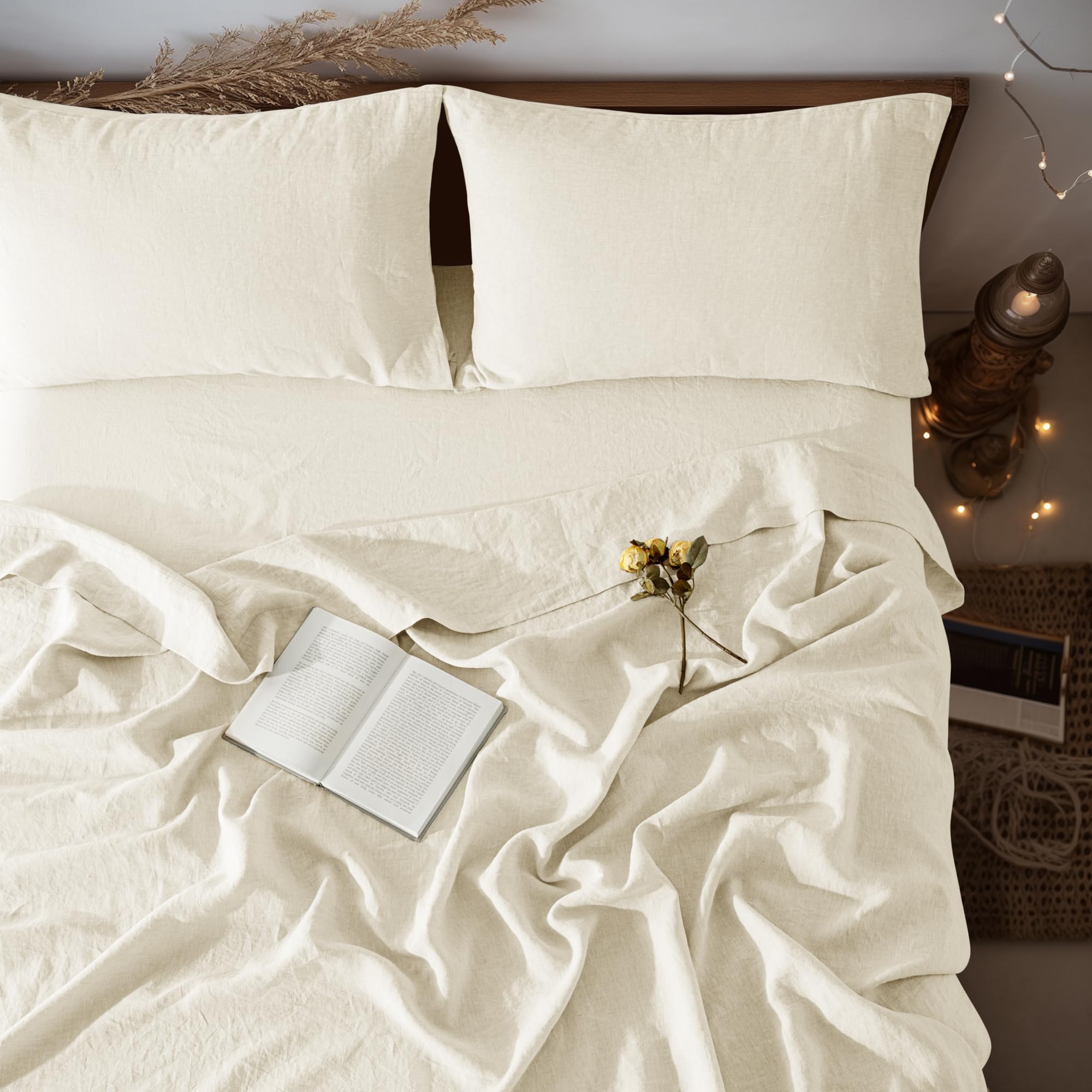 LBRO2M 100% Pure Linen Sheet Set Deep Pocket Up to 16" Bed Sheets Sets, Natural Flax Beddings Soft, Breathable, Comfortable for All Seasons 4 Pcs Sheet Set Queen Size, Linen