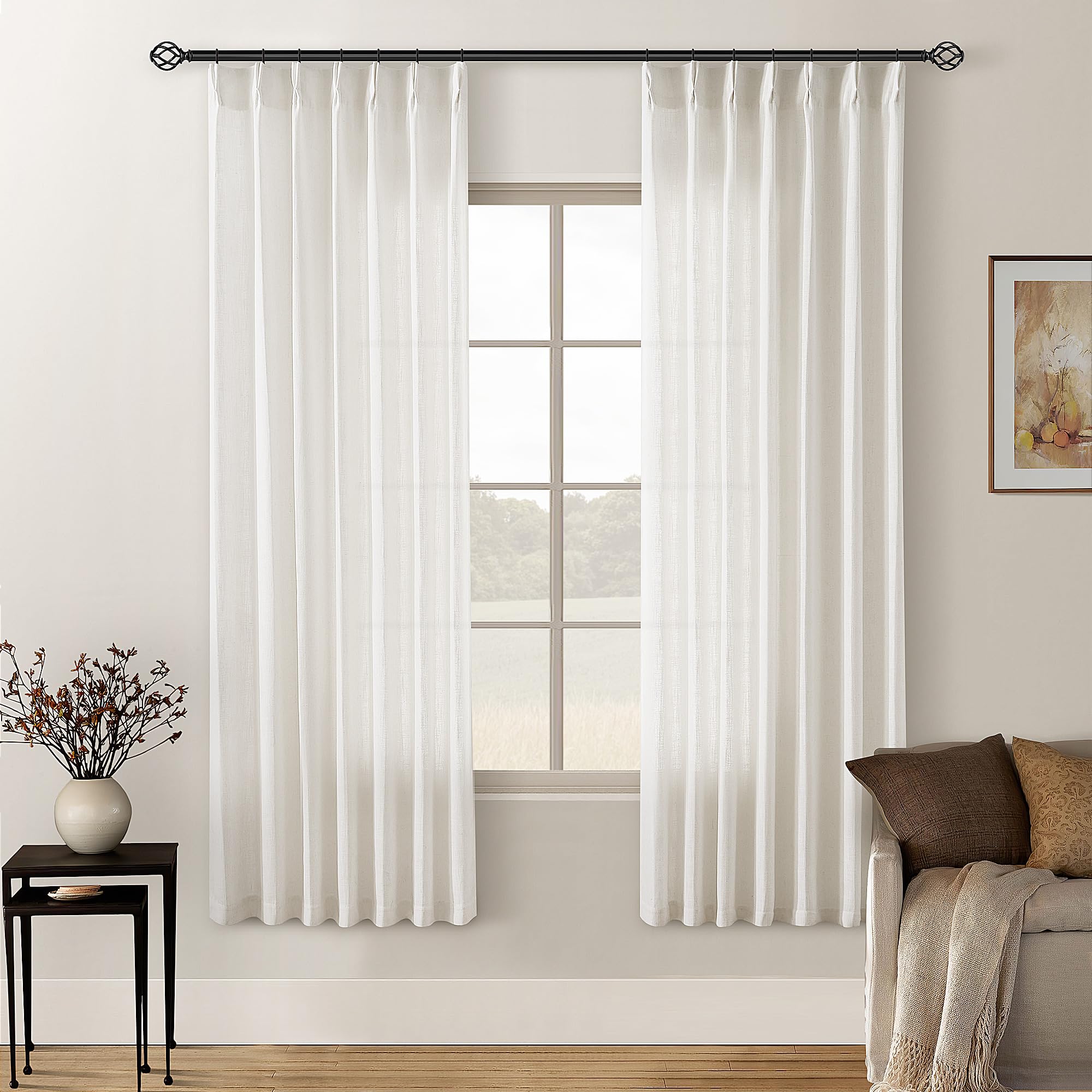 90 Inch Pinch Pleated Linen Curtains 2 Panel Set for Living Room Cream Natural Thick Linen Textured Drapes 90 Inches Long Pinch Pleat Drapes Birch Ivory Semi Sheer Curtain for Dining Bedroom Office