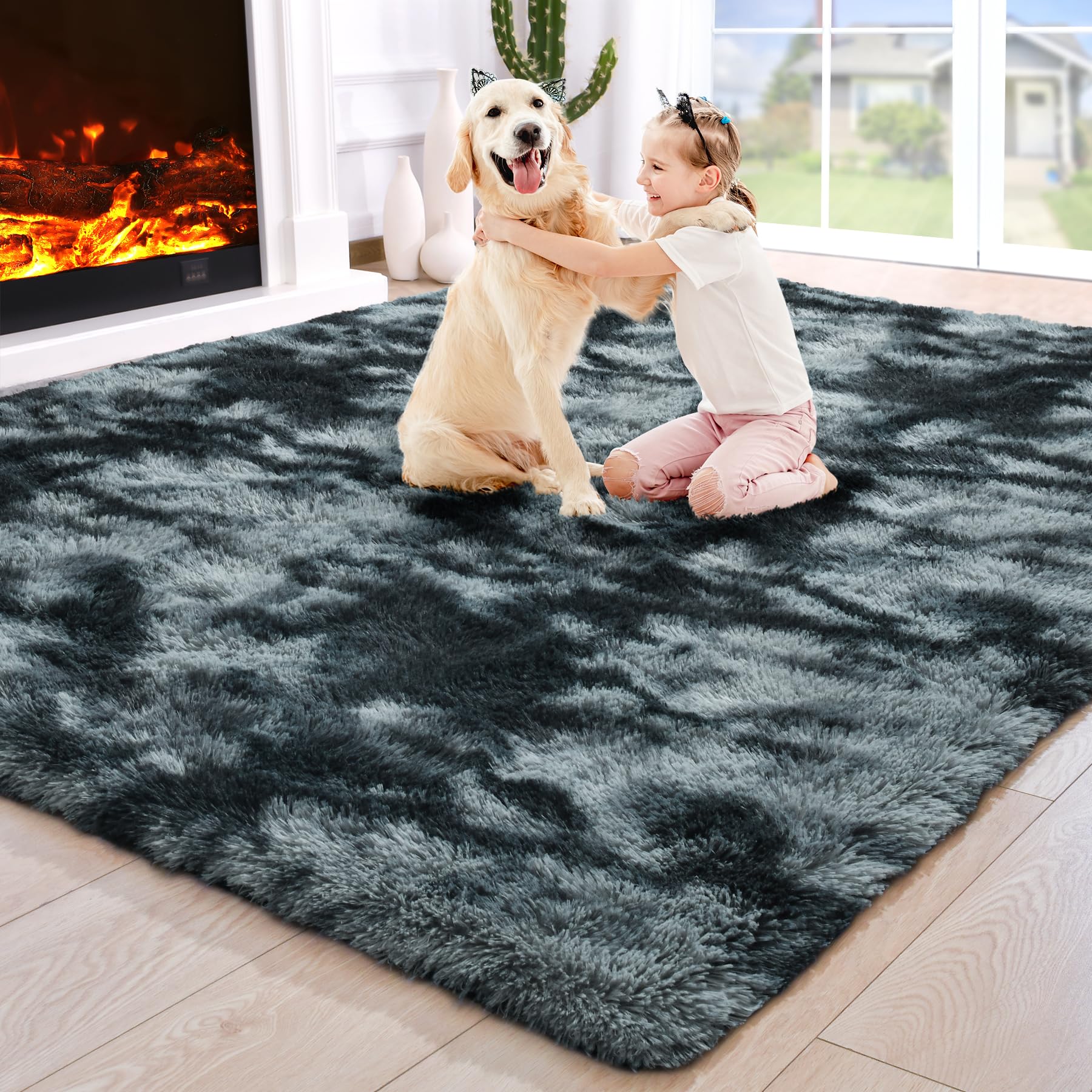 8x10 Extra Large Green Area Rug for Living Room Bedroom Dining Room, Fluffy Shag Soft Plush Furry Carpet Solid Color, Non-Slip Indoor Floor Mat for Kids Home Decor