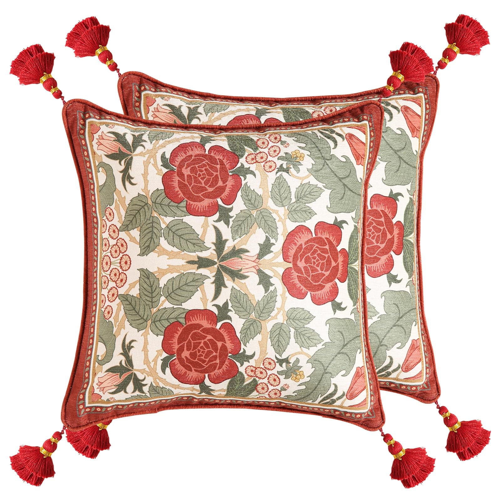 bilin gaier Vintage Square Throw Pillow Covers Pack of 2,Red Cozy Velvet with Leaves and Floral Pattern Pillowcases,Decoration Pillows Cushion Covers for Living Room Couch Sofa Bed Car Chair,18"x18"