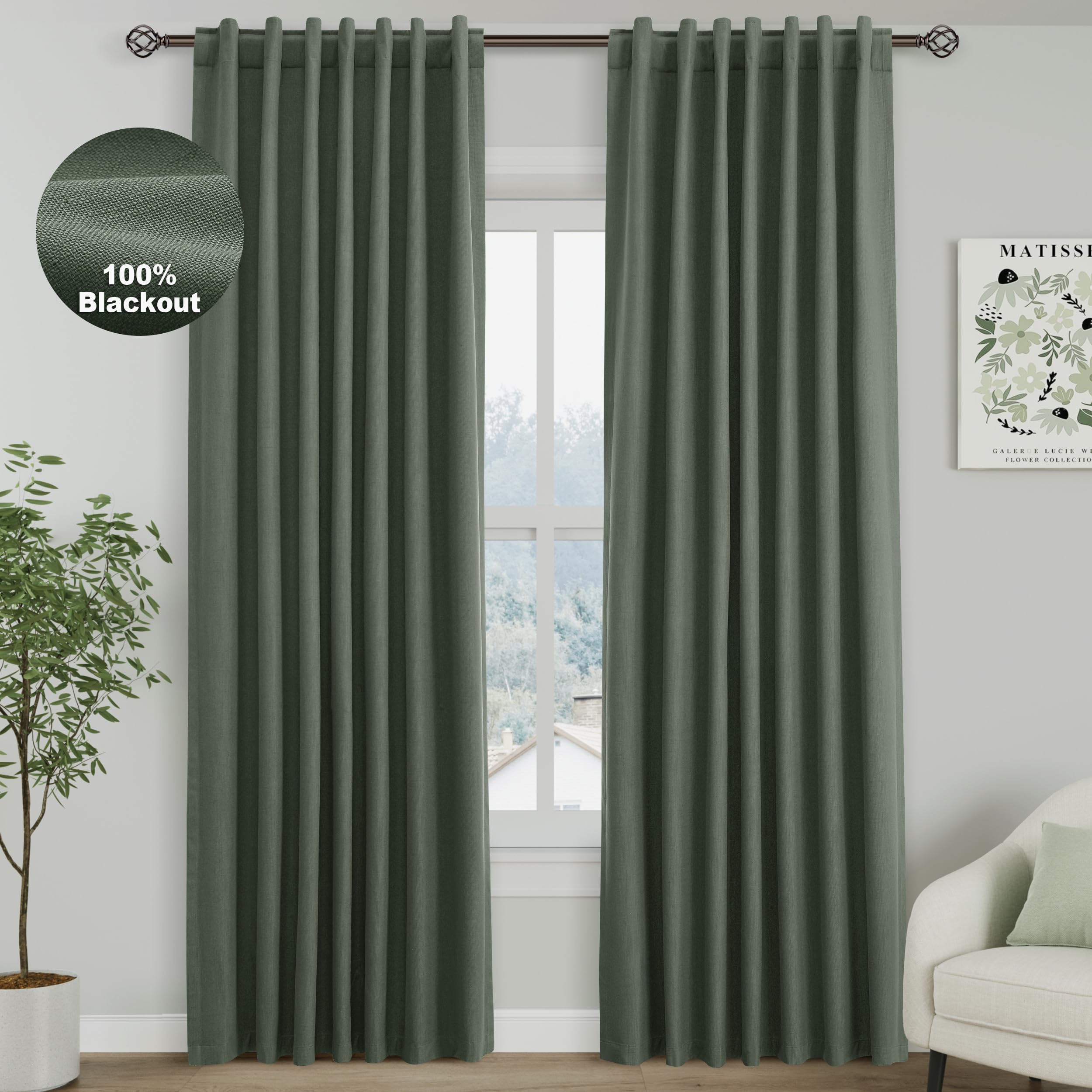 Nanspring Light Grey 100% Blackout Linen Curtains for Bedroom 90 Inches Long Back Tab Thermal Insulated Modern Luxury Simple Black Out Curtain for Living Room Dining Room Drapes 52x90, 2 Panels
