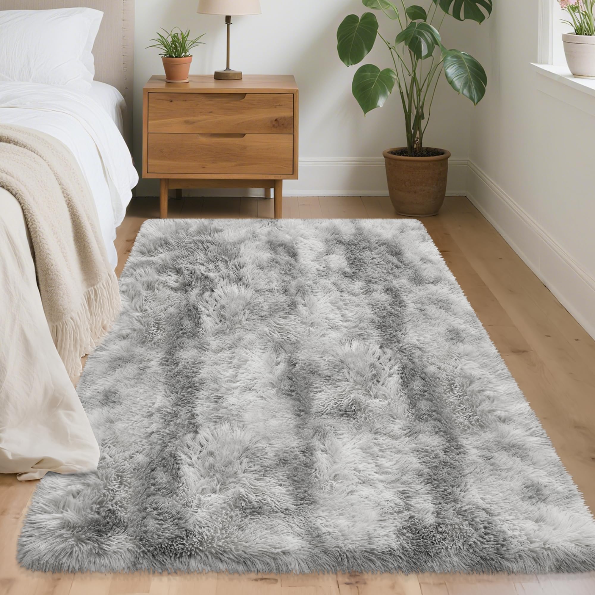 5x8 Ft Light Grey Large Area Rugs for Bedroom,Fluffy Furry Rug Floor Carpets Shaggy Playing Mat for Kids Baby Girls Room Nursery Home Decor Tie Dyed Gray Thick Rugs Fuzzy Home Decor