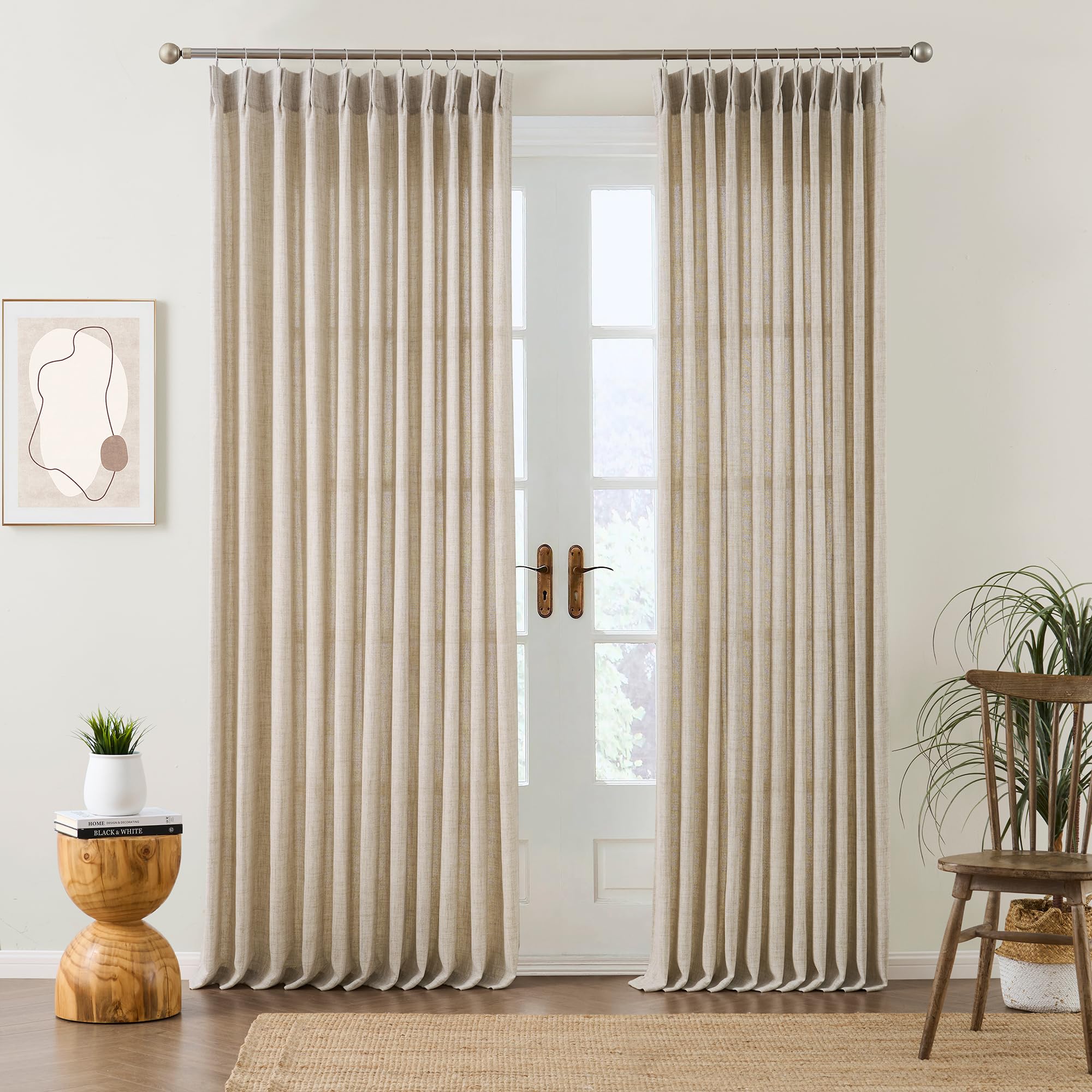 RAIN CITY 102 Inch Curtains Pinch Pleated 2 Panels Set, Back Tab with Hooks Semi Sheer Linen Curtains for Living Room Primitive Window Drapes for Sliding Door Sand Beach Decor 42 Each Wide