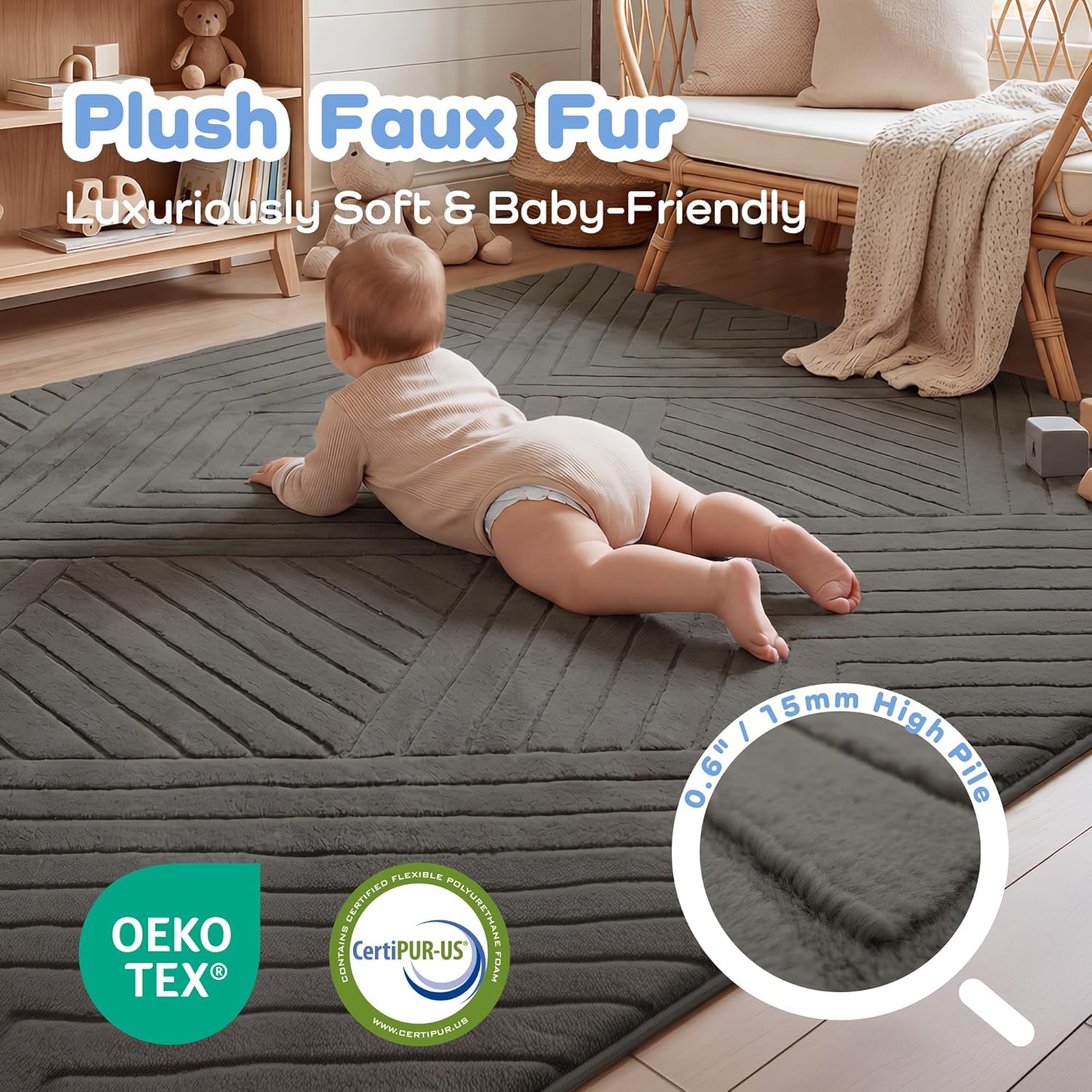 Baby Play Mat for Floor 1.3" Thick Soft Fluffy Shaggy Rug for Toddler Infant Kids Crawling, 79"x 118" Nursery Mat Bedroom Living Room Waterproof Easy Care Non-Slip (Dark Grey)