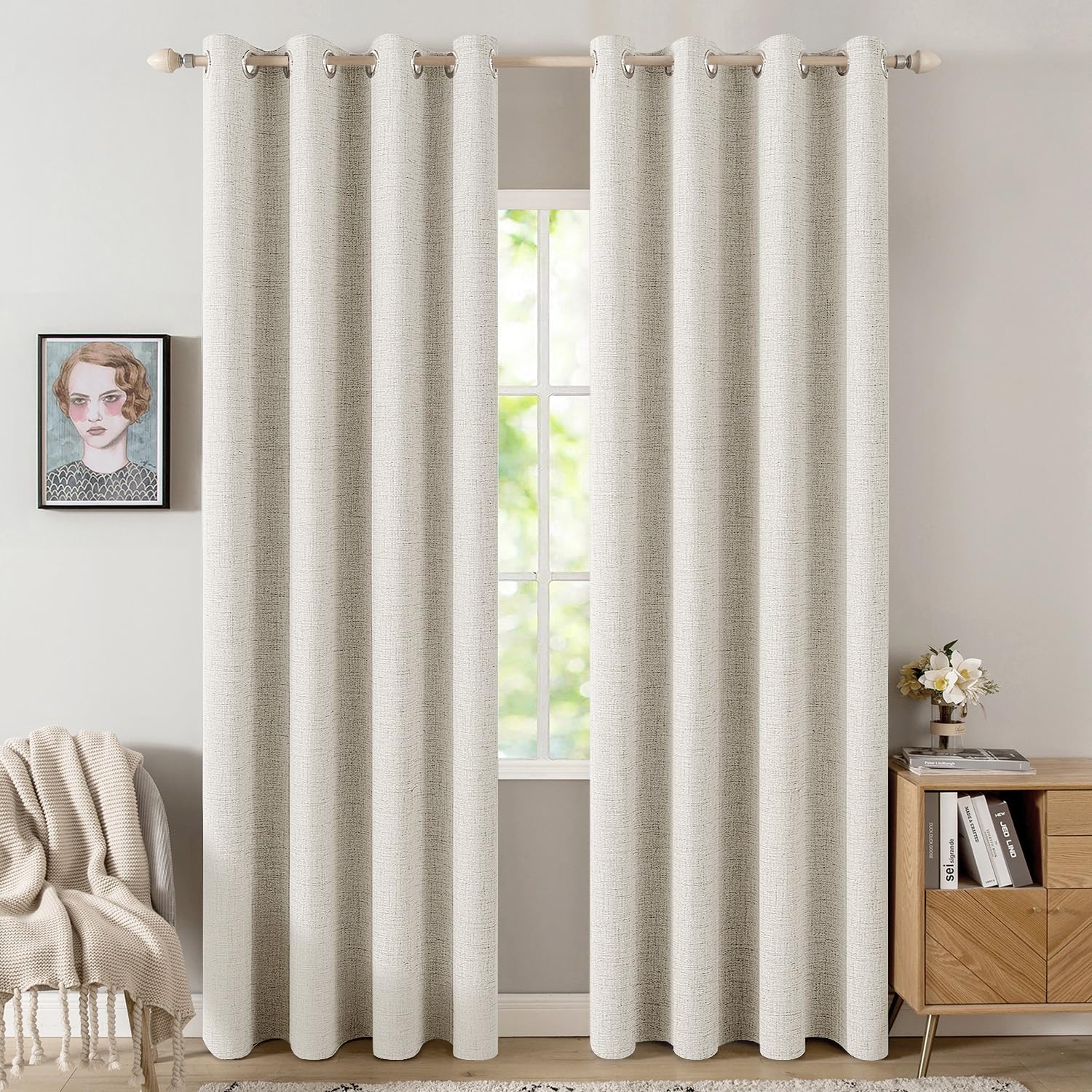 MIULEE 100% Blackout Linen Curtains for Bedroom Thermal Insulated Birch Grommet Room Darkening Curtains & Drapes for Living Room Nursery 52 x 96 Inch (2 Panels)