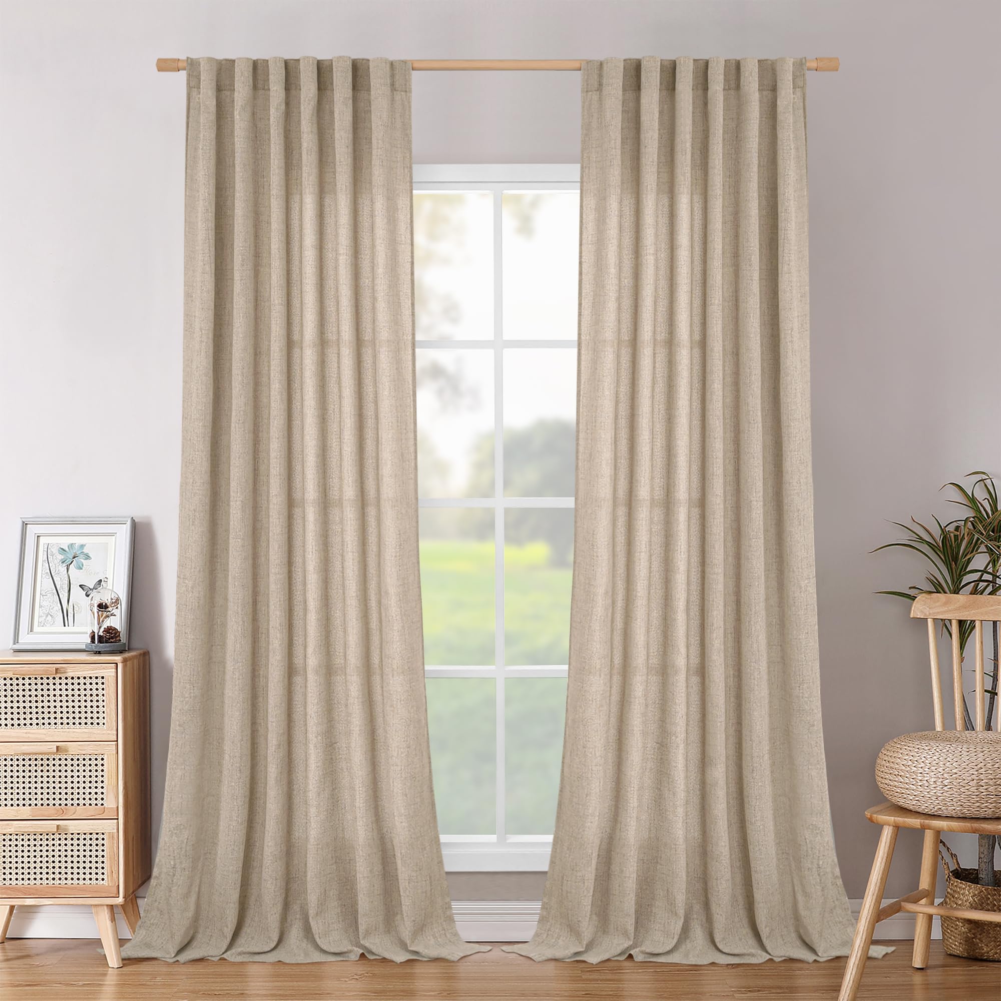 BGment Long 102 Inch Length Linen Curtains for Living Room, Natural Rod Pocket Textured Burlap Drapes Rustic Country Light Filtering for Bedroom Semi Sheer Back Tab, 2 Panel, 52 Inch Wide Each Panel