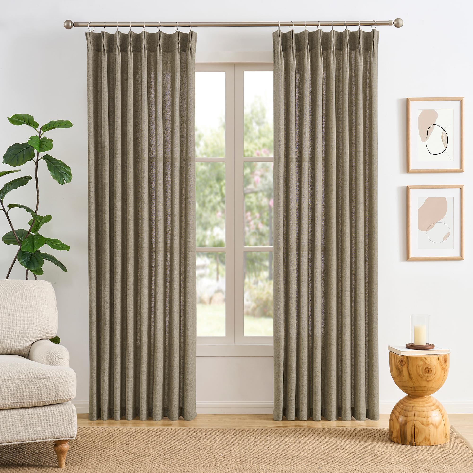 RAIN CITY 102 Inch Curtains Pinch Pleated 2 Panels Set, Back Tab with Hooks Semi Sheer Linen Curtains for Living Room Primitive Window Drapes for Sliding Door Sand Beach Decor 42 Each Wide
