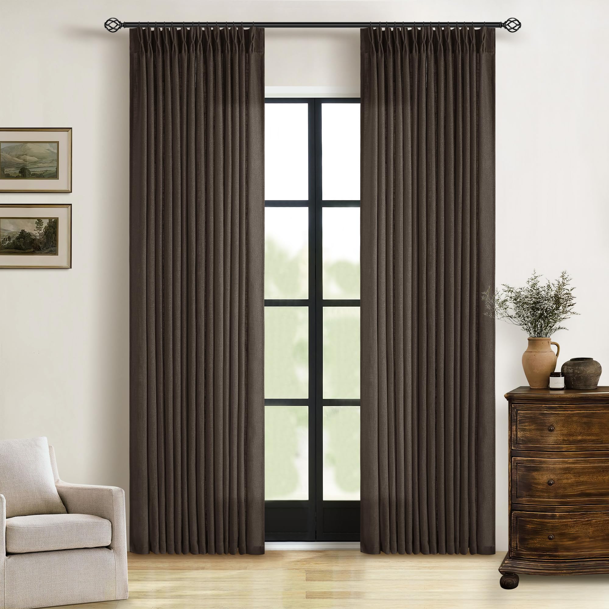 90 Inch Pinch Pleated Linen Curtains 2 Panel Set for Living Room Cream Natural Thick Linen Textured Drapes 90 Inches Long Pinch Pleat Drapes Birch Ivory Semi Sheer Curtain for Dining Bedroom Office